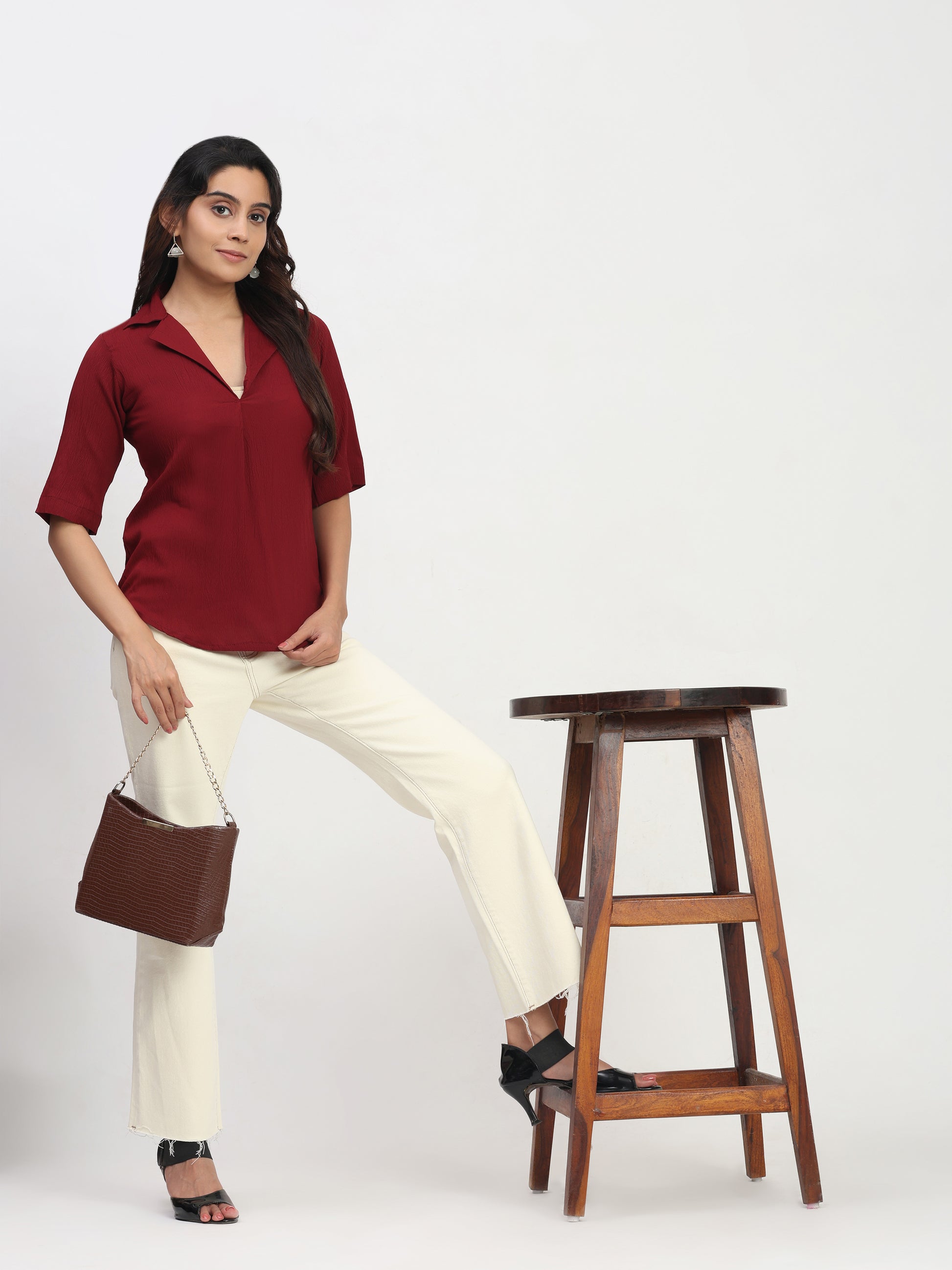TrendRush Women Maroon V-Neck Short Sleeve Solid Formal Top