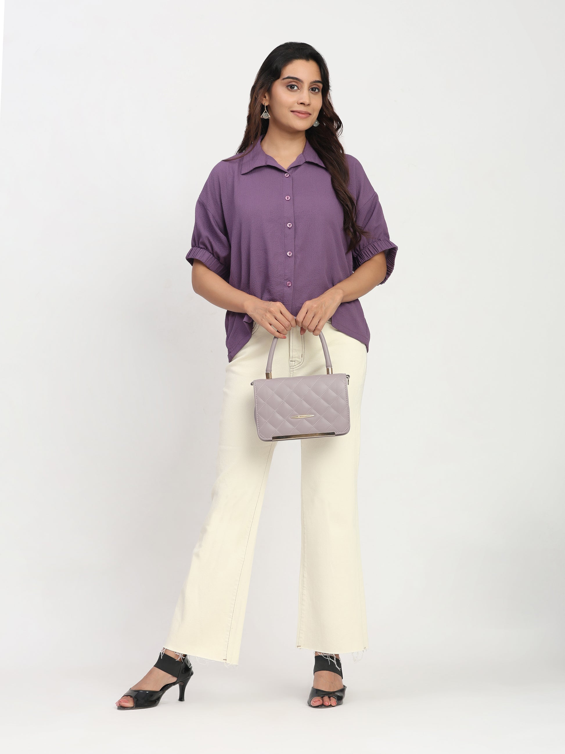 TrendRush Women Purple Kaftan Style Elasticated Sleeve Shirt