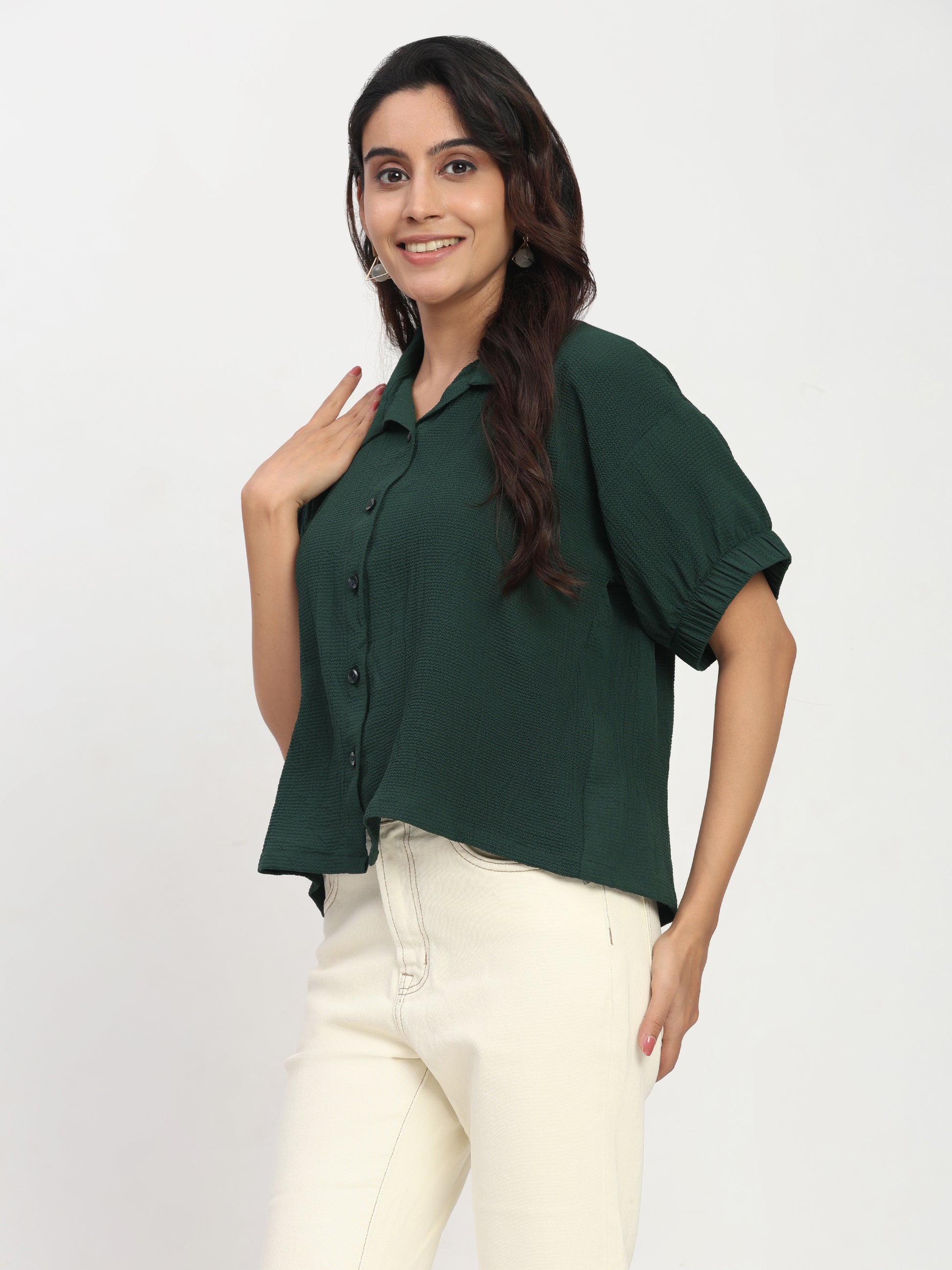 TrendRush Women Green Kaftan Style Elasticated Sleeve Shirt