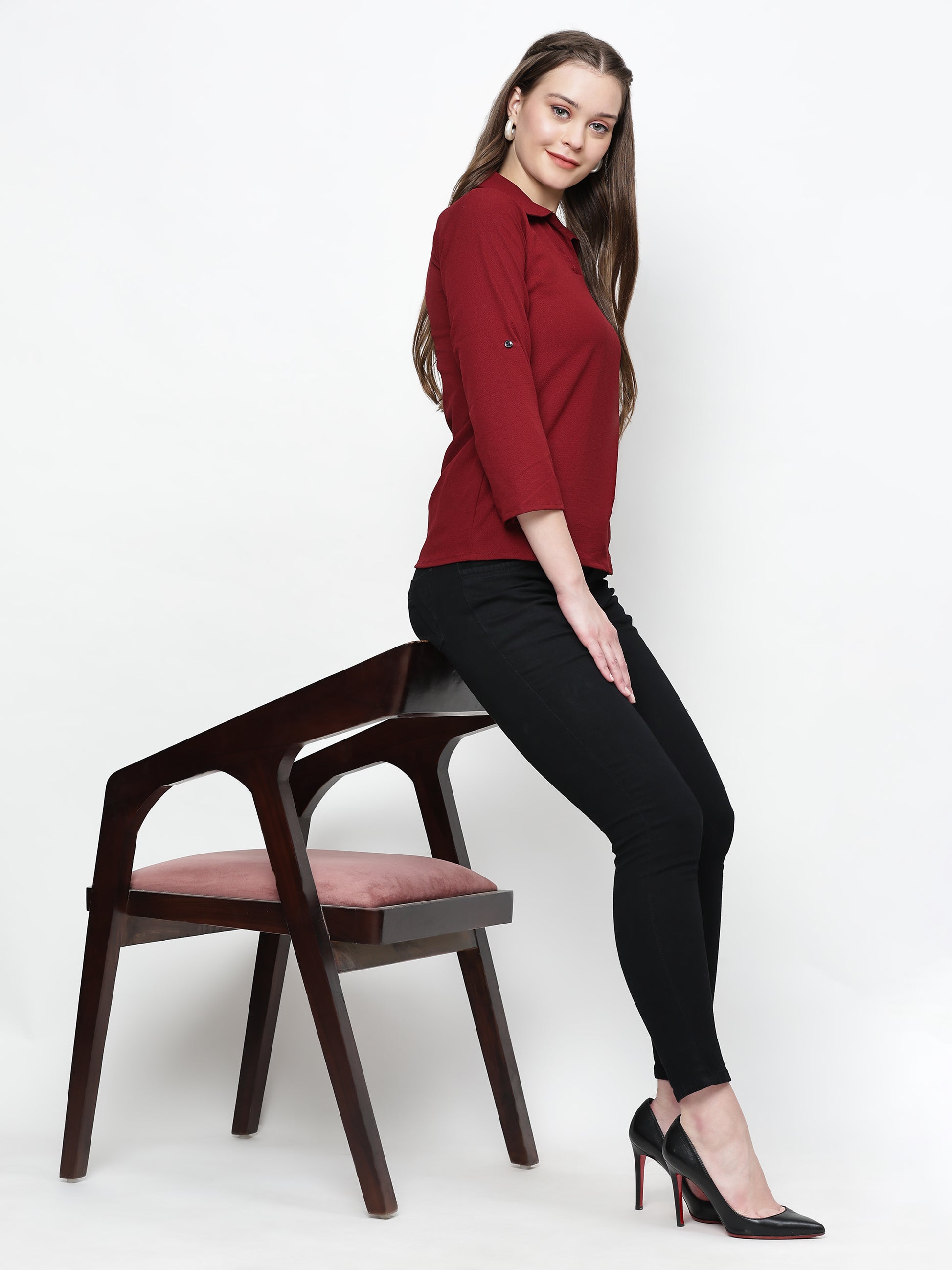 TrendRush Women Maroon Solid Collared Top
