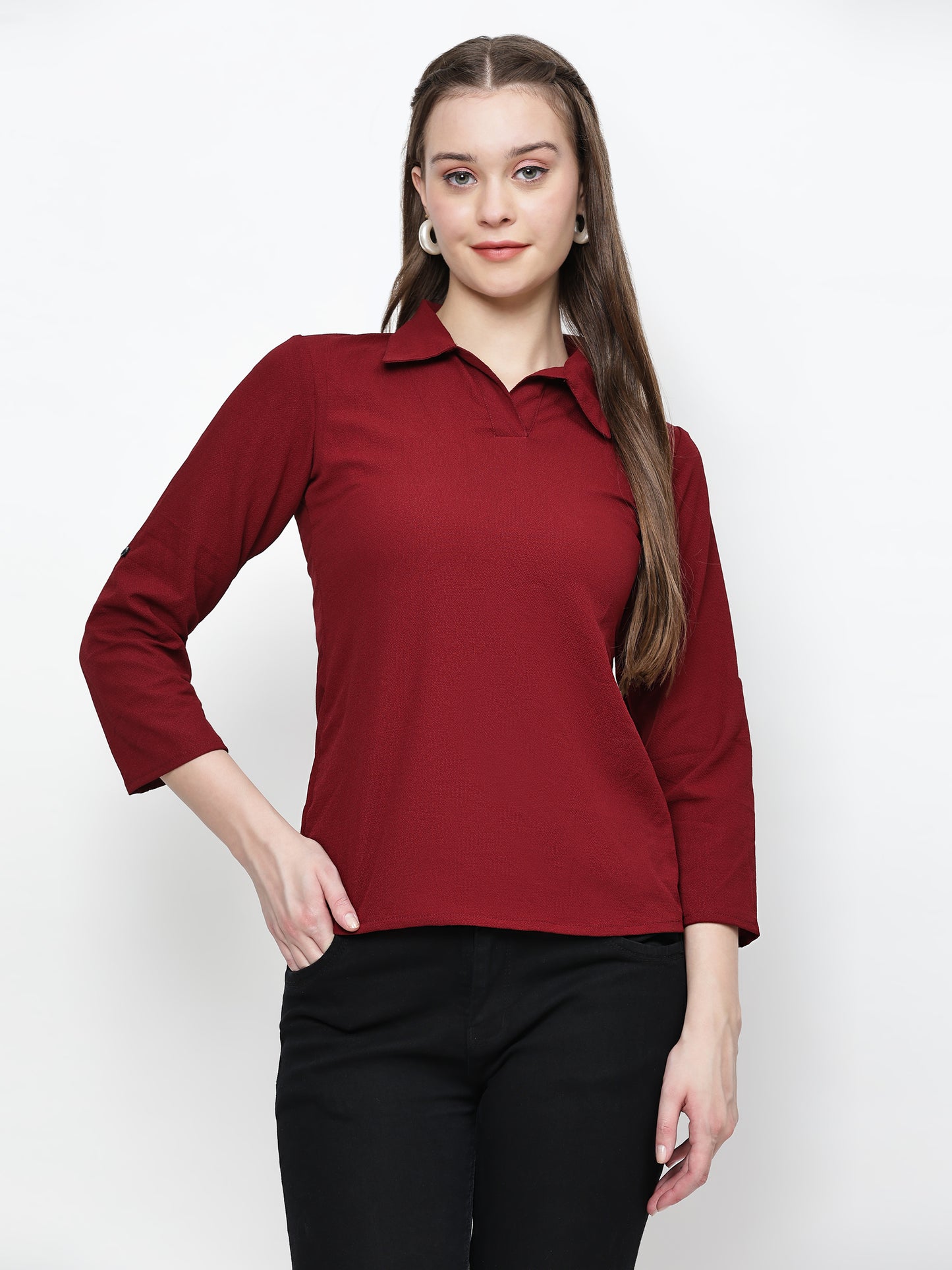 TrendRush Women Maroon Solid Collared Top