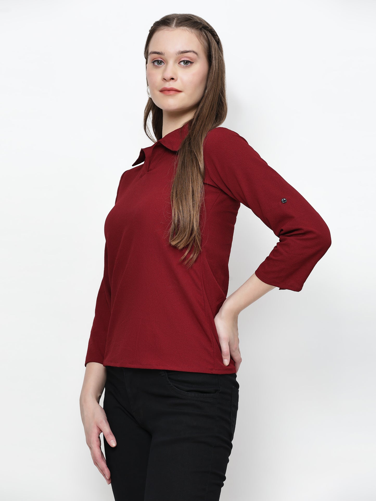TrendRush Women Maroon Solid Collared Top