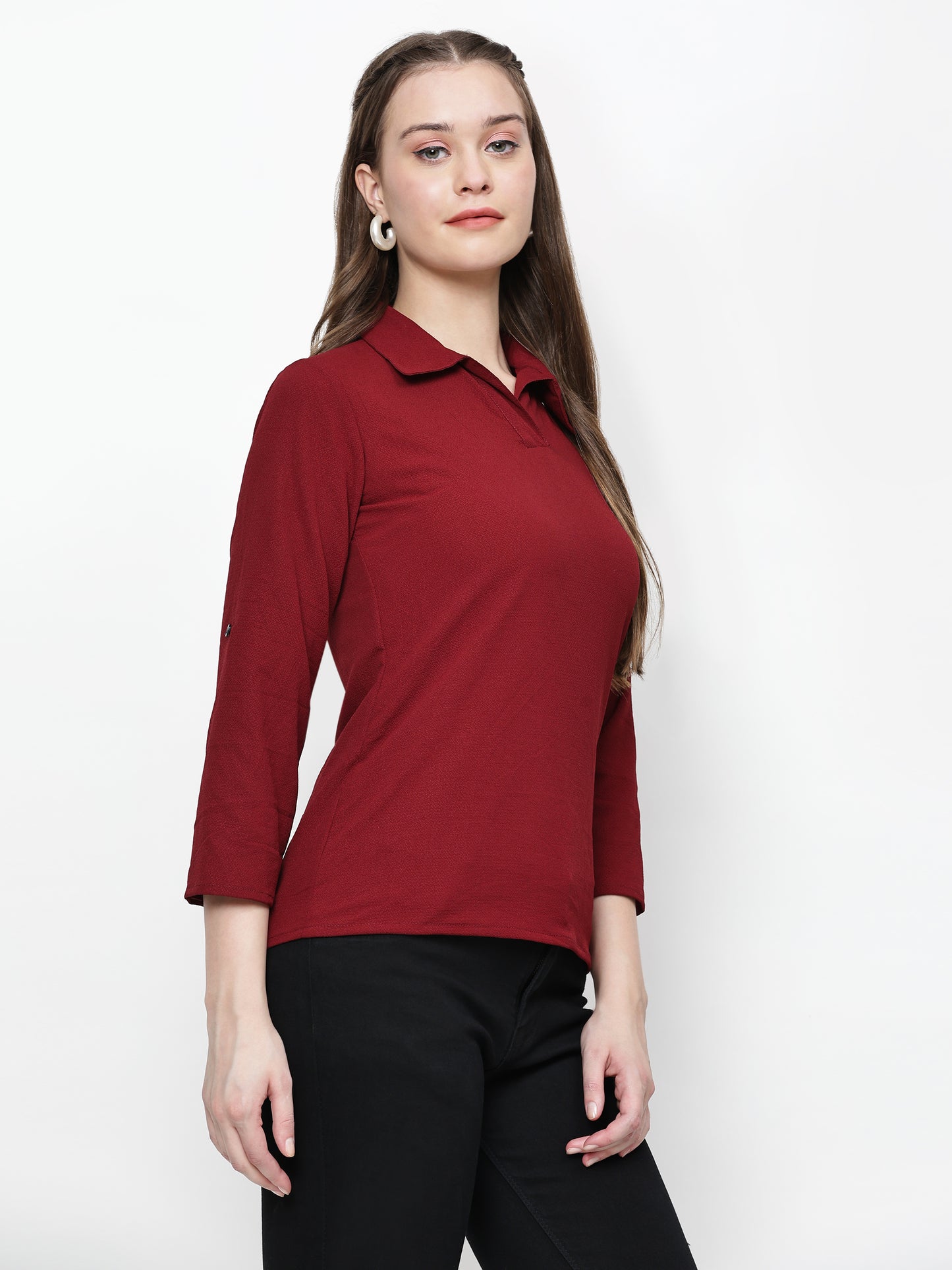 TrendRush Women Maroon Solid Collared Top
