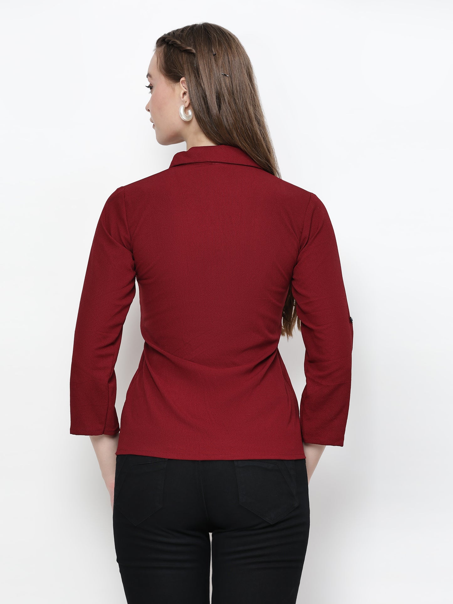 TrendRush Women Maroon Solid Collared Top