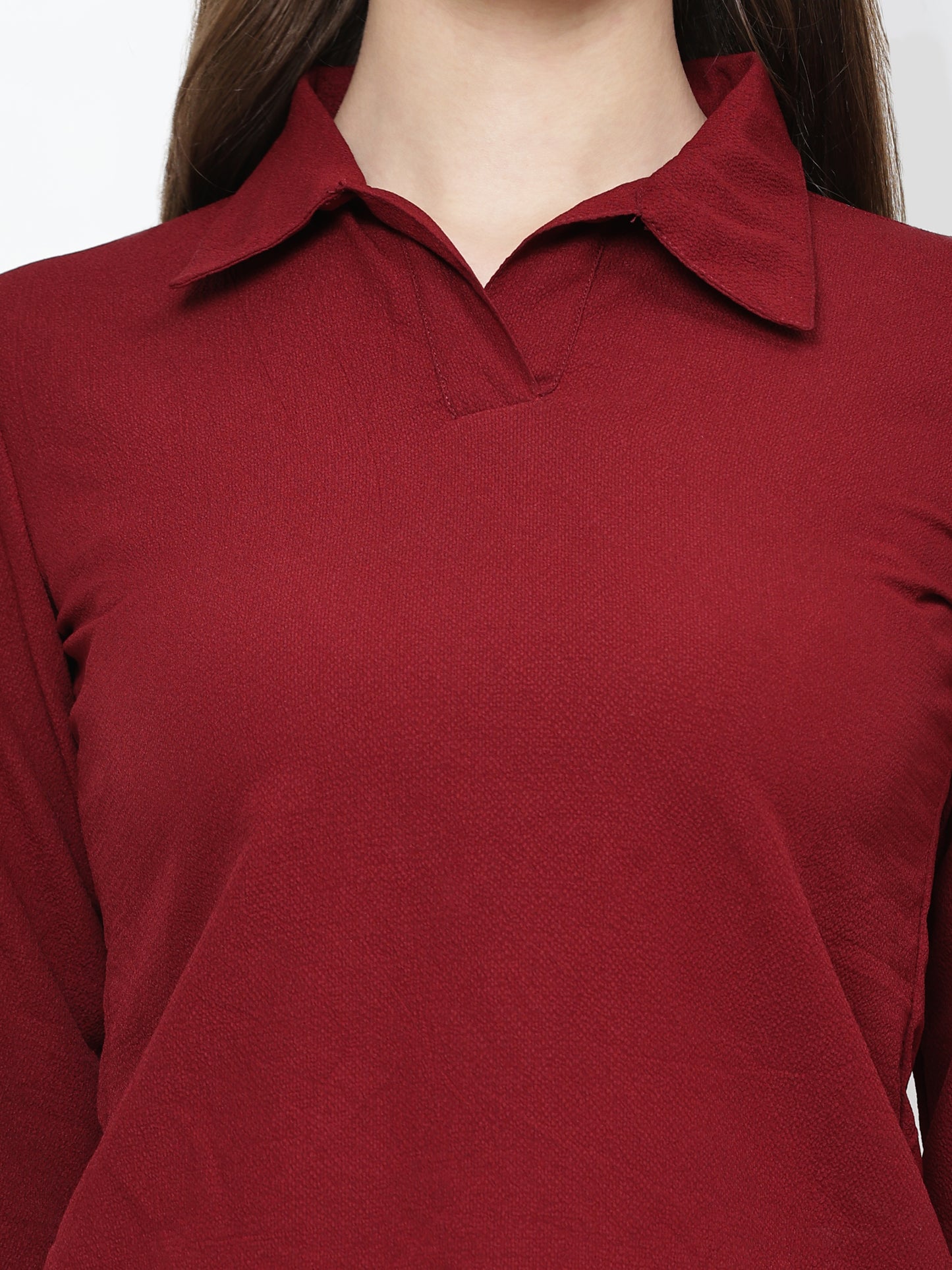 TrendRush Women Maroon Solid Collared Top