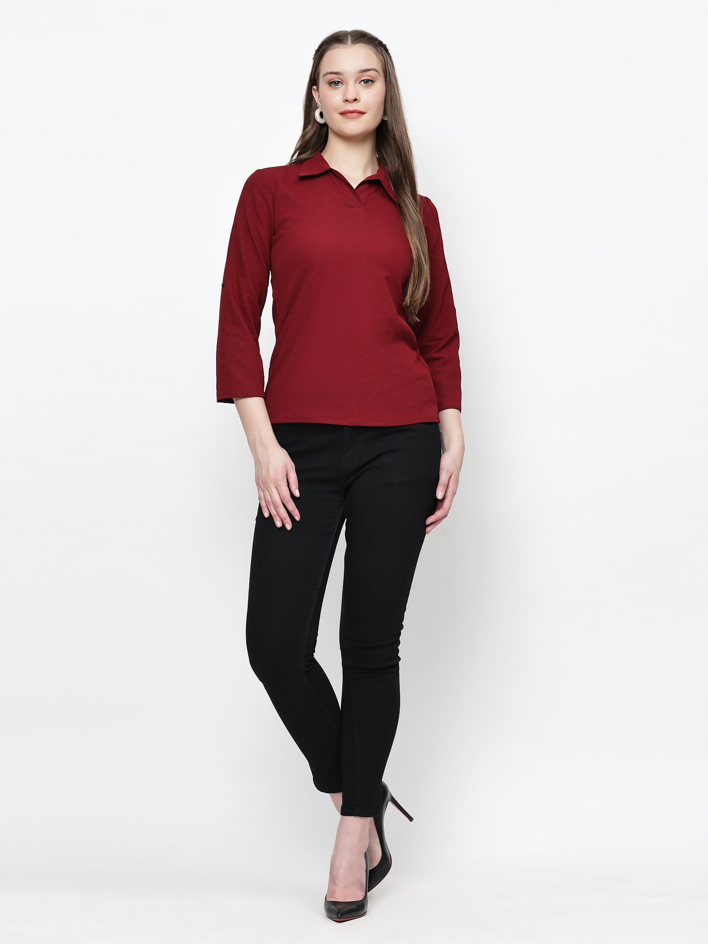 TrendRush Women Maroon Solid Collared Top