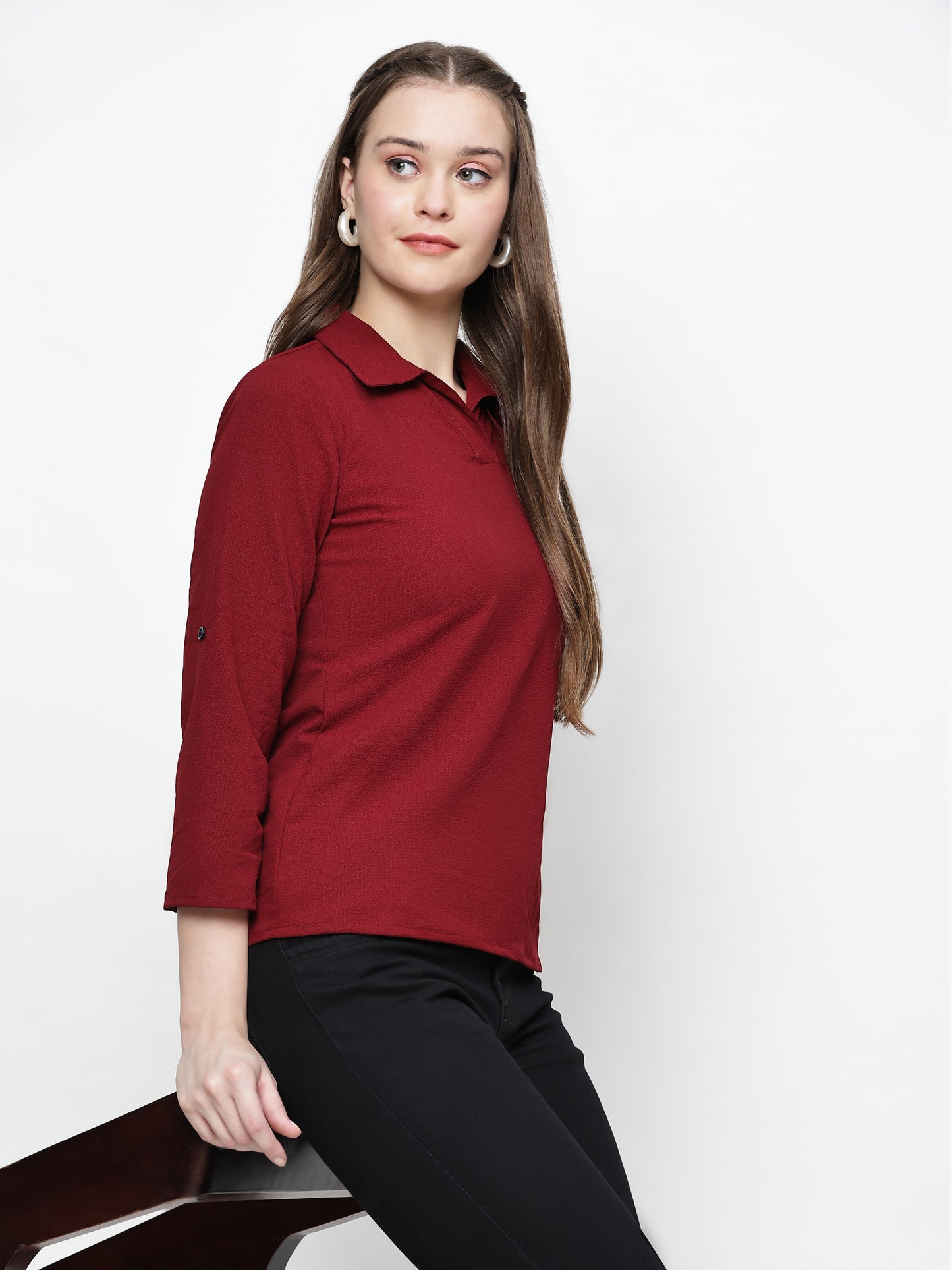 TrendRush Women Maroon Solid Collared Top