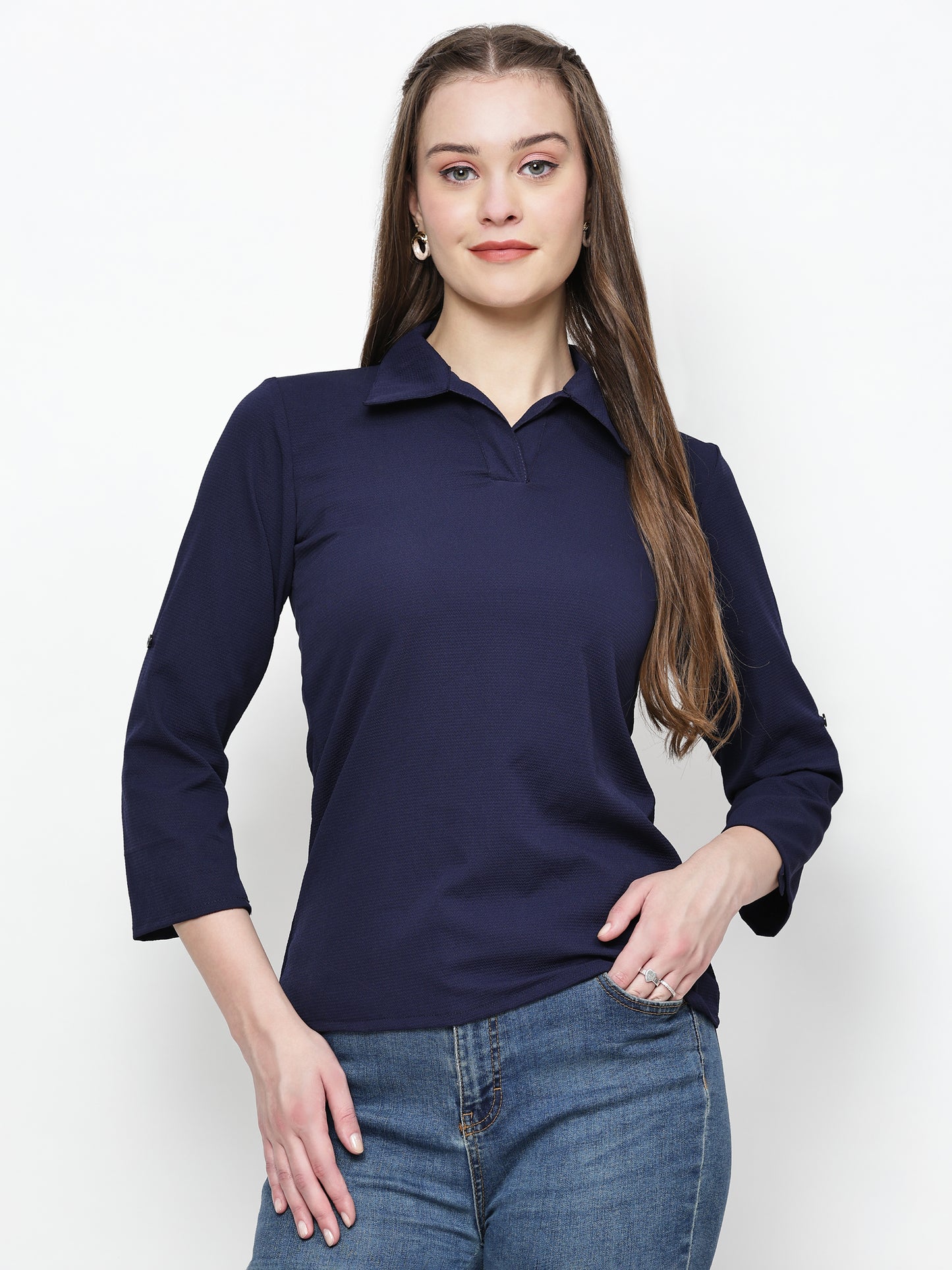 TrendRush Women Blue Solid Collared Top