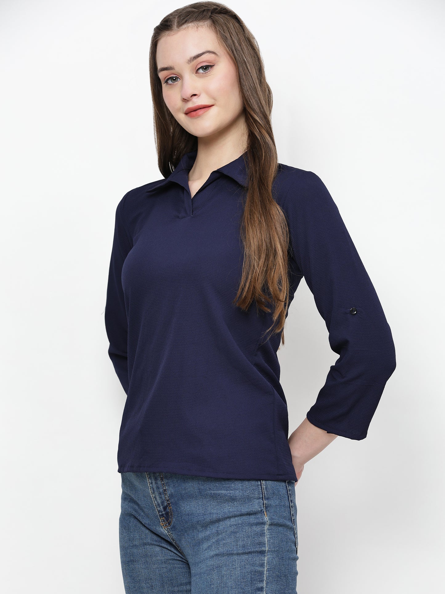 TrendRush Women Blue Solid Collared Top