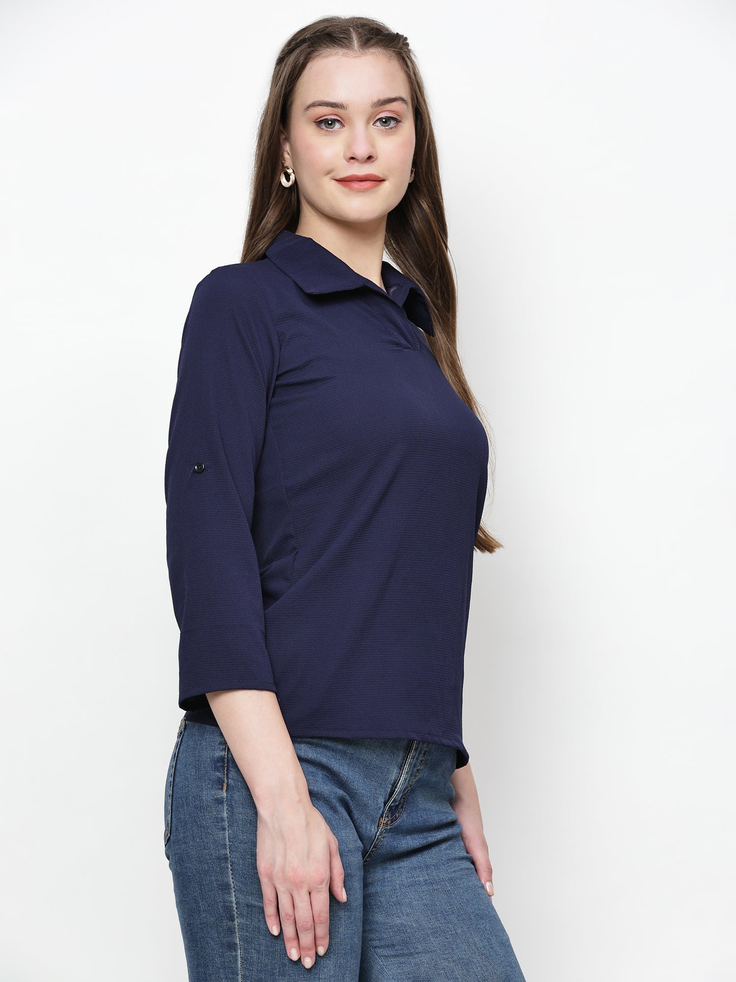 TrendRush Women Blue Solid Collared Top