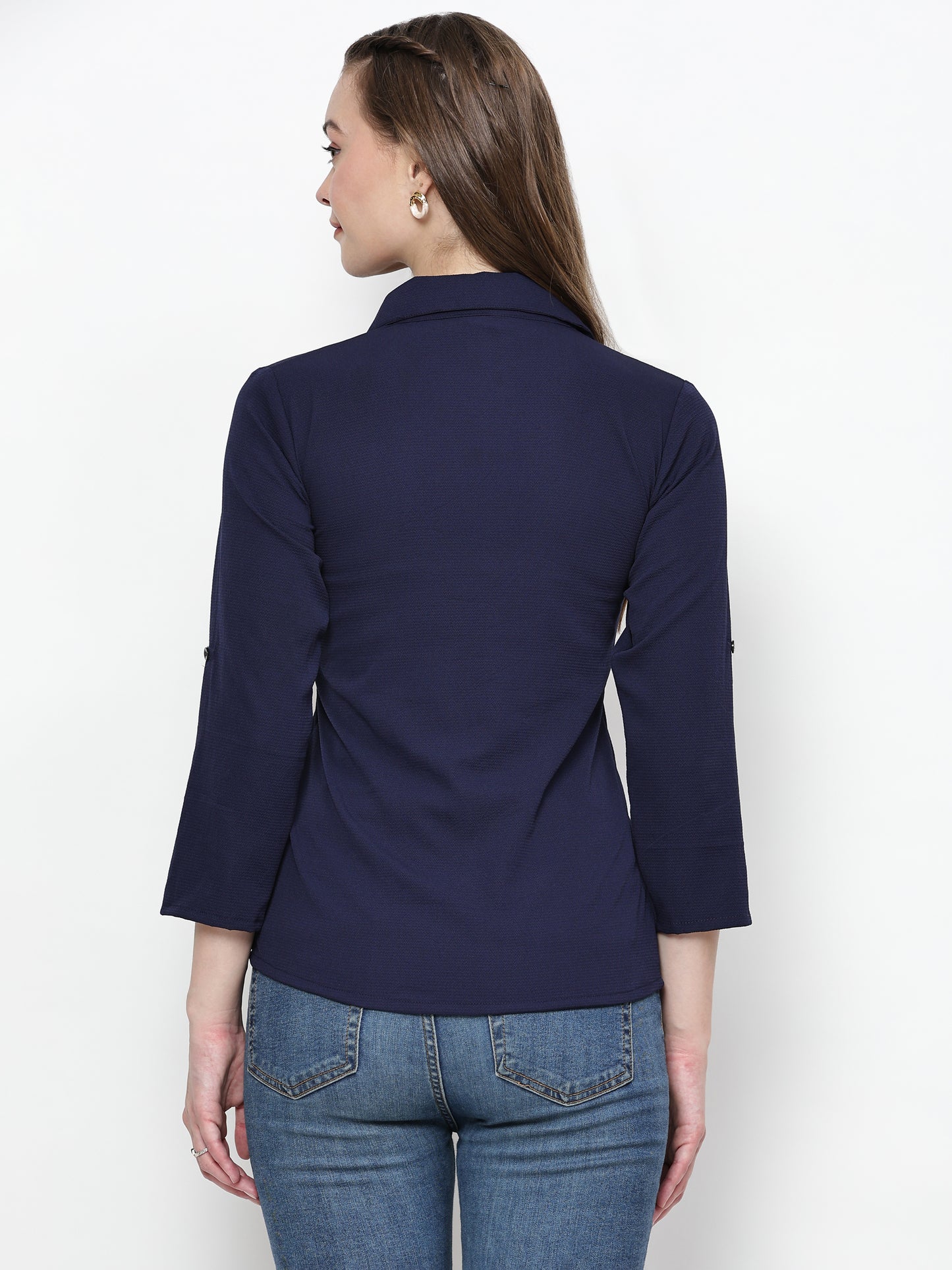 TrendRush Women Blue Solid Collared Top