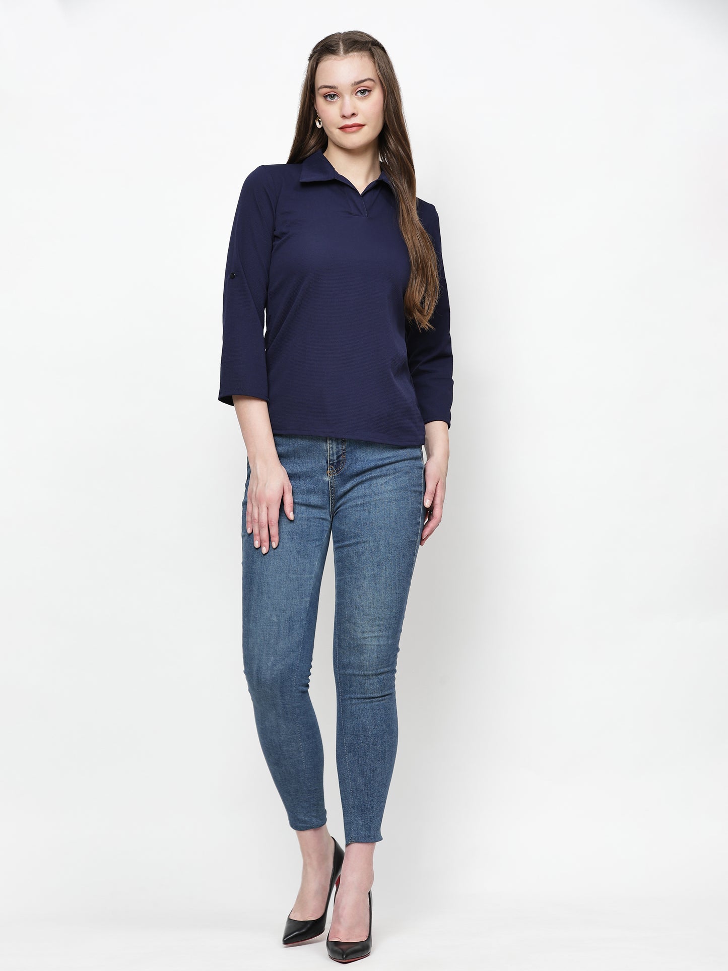 TrendRush Women Blue Solid Collared Top