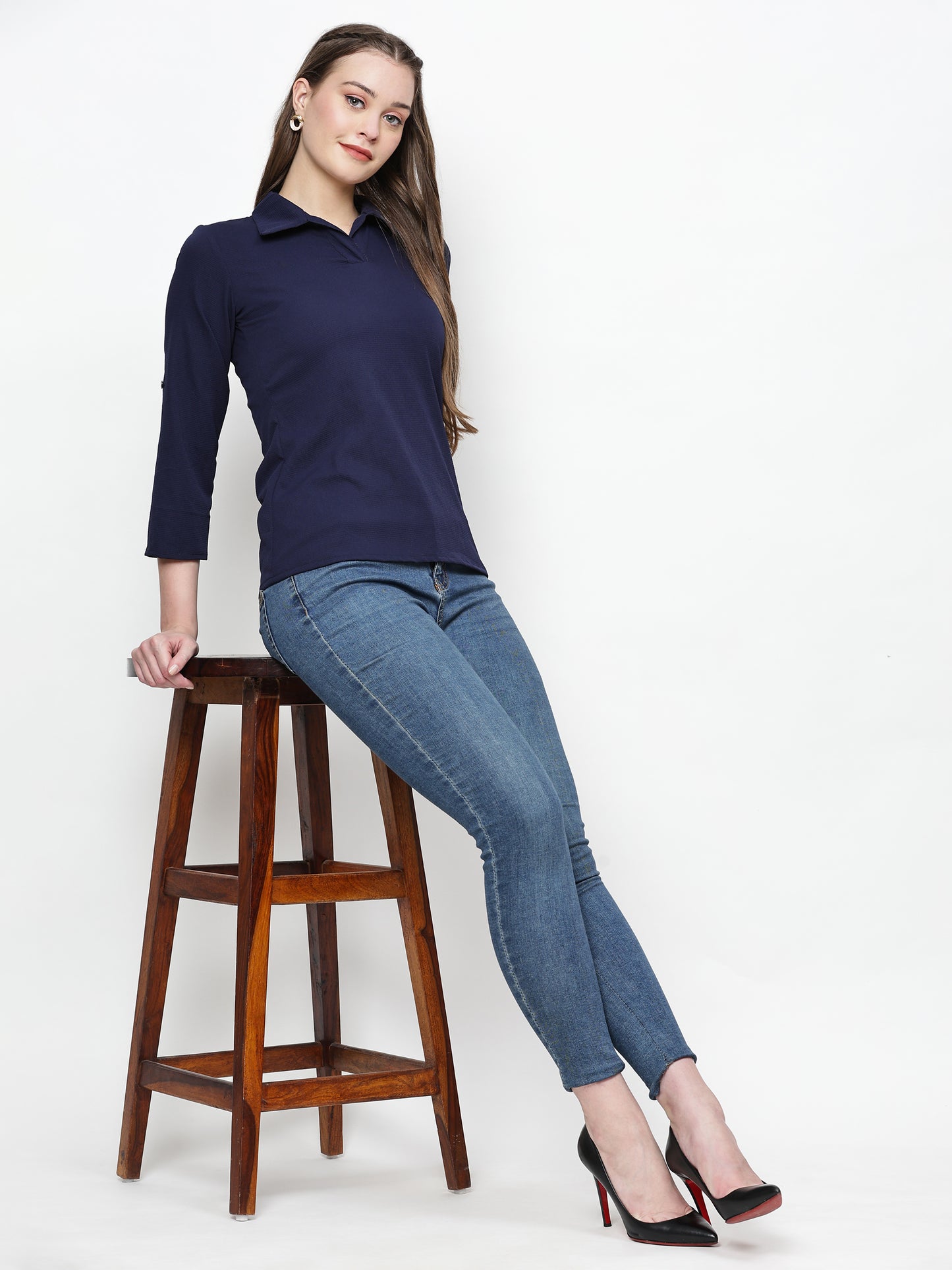 TrendRush Women Blue Solid Collared Top