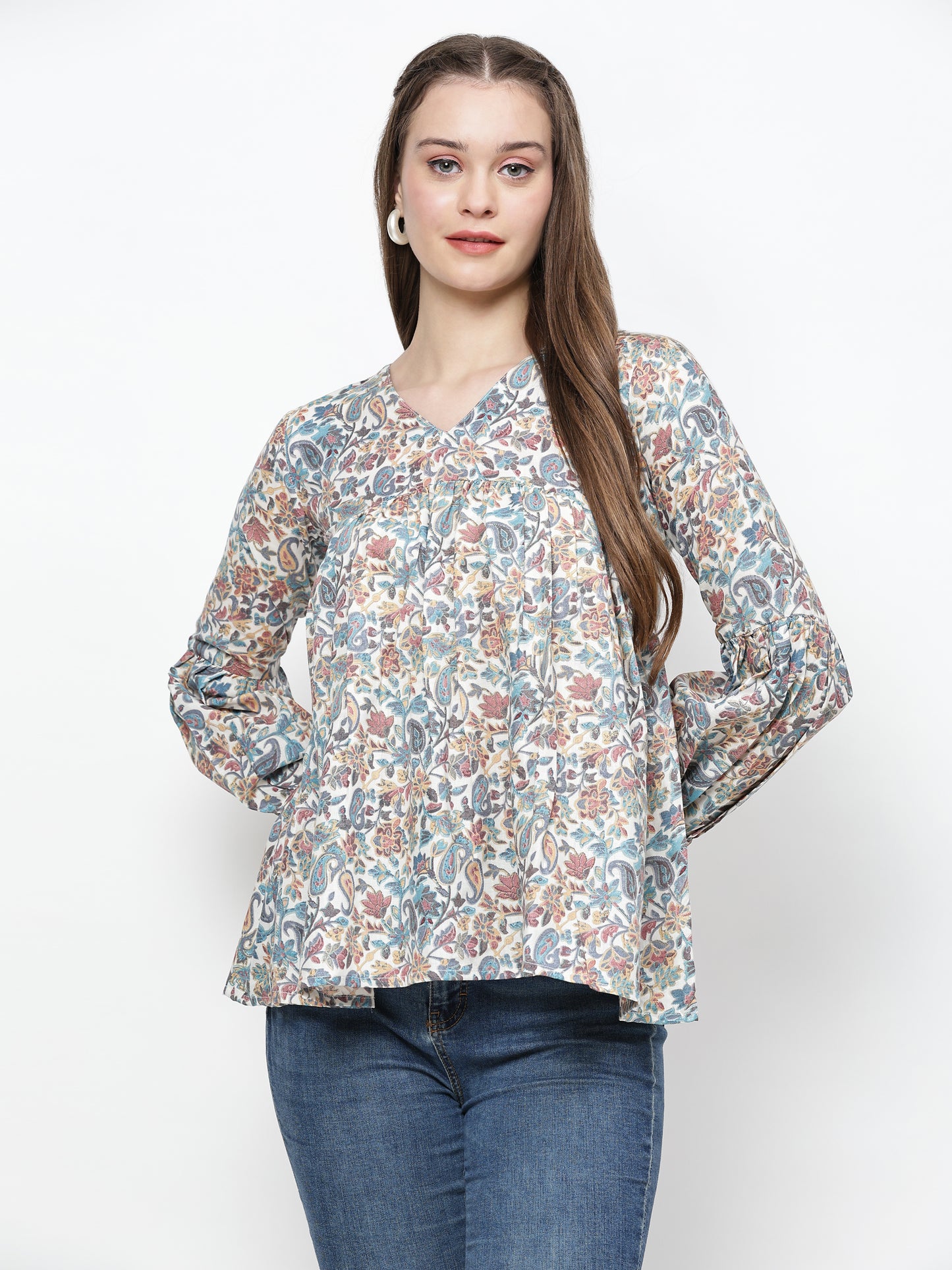 TrendRush Women V-Neck Blue Paisley Printed Top