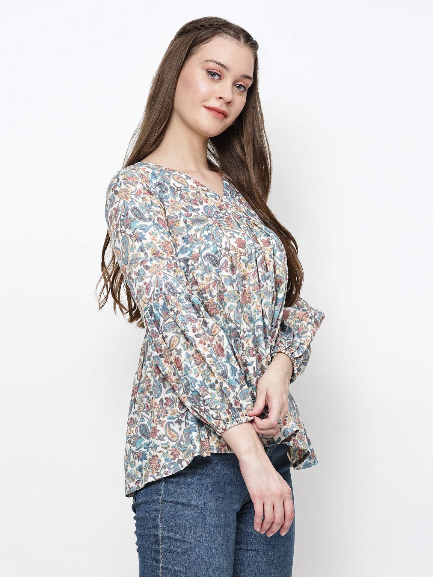 TrendRush Women V-Neck Blue Paisley Printed Top