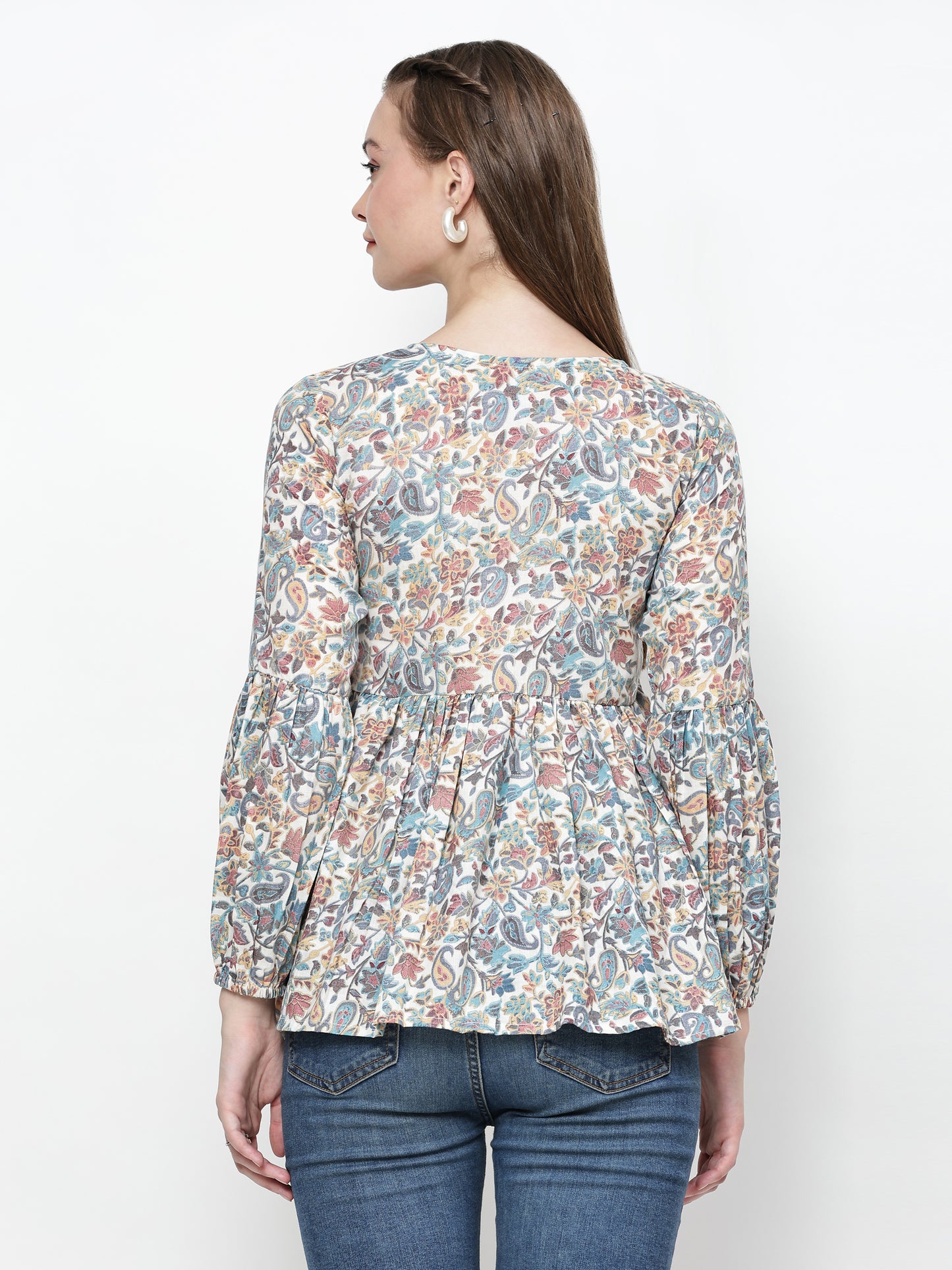 TrendRush Women V-Neck Blue Paisley Printed Top