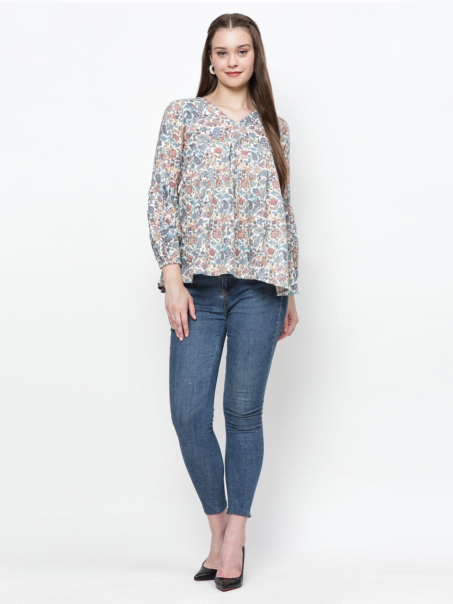 TrendRush Women V-Neck Blue Paisley Printed Top