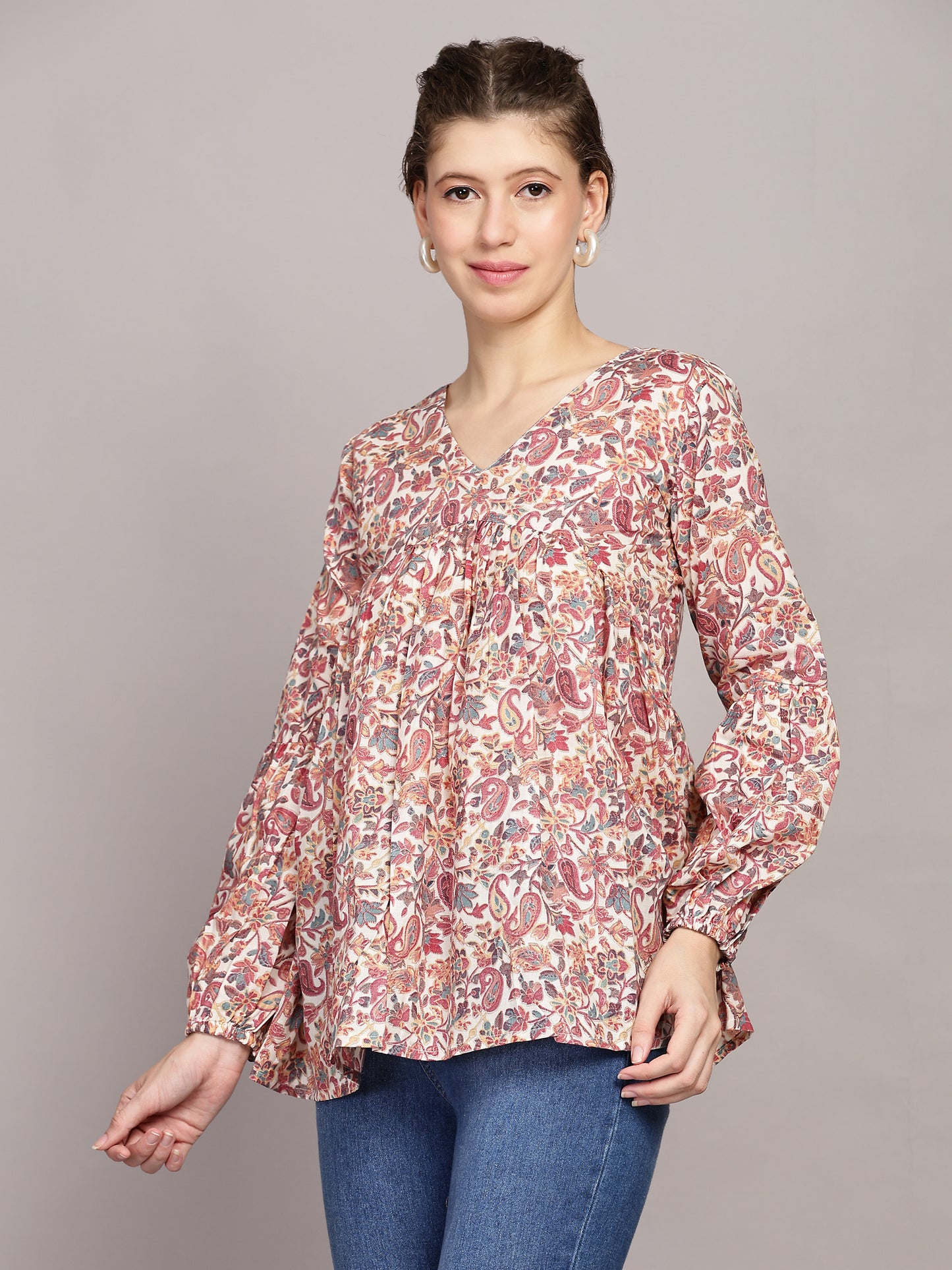 TrendRush Women V-Neck Pink Paisley Printed Top