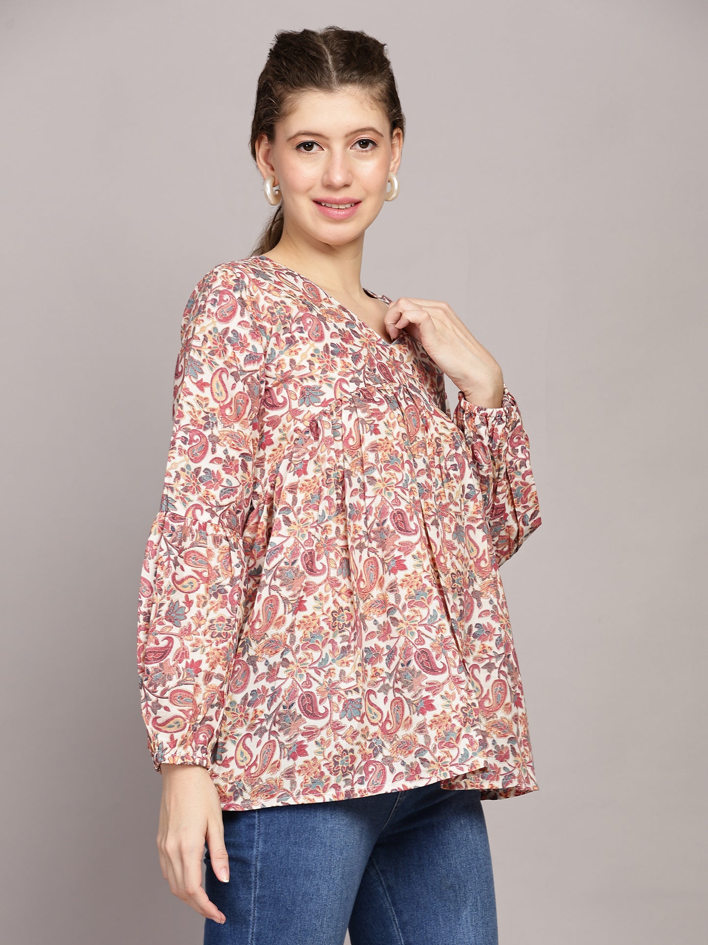 TrendRush Women V-Neck Pink Paisley Printed Top