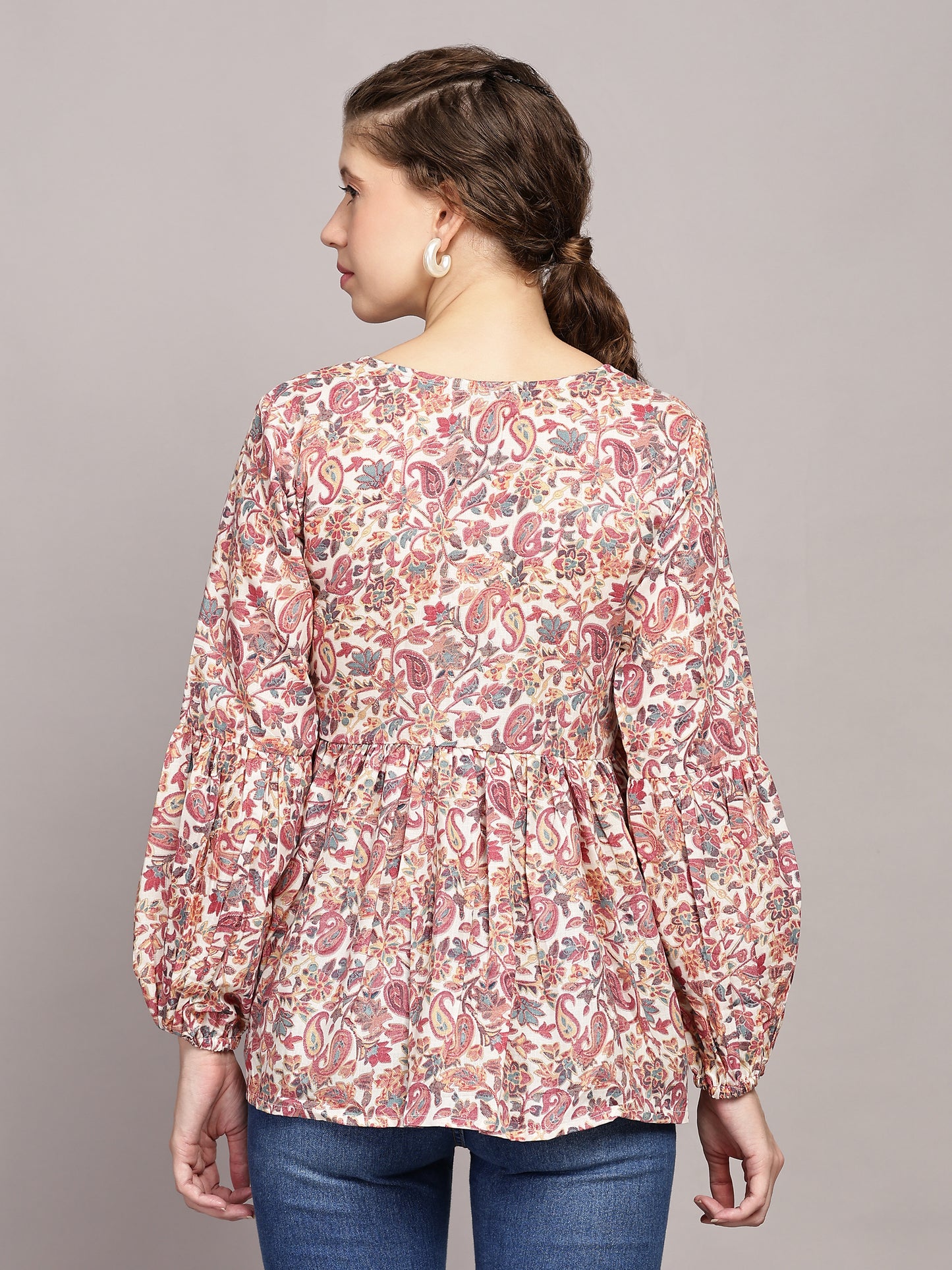 TrendRush Women V-Neck Pink Paisley Printed Top