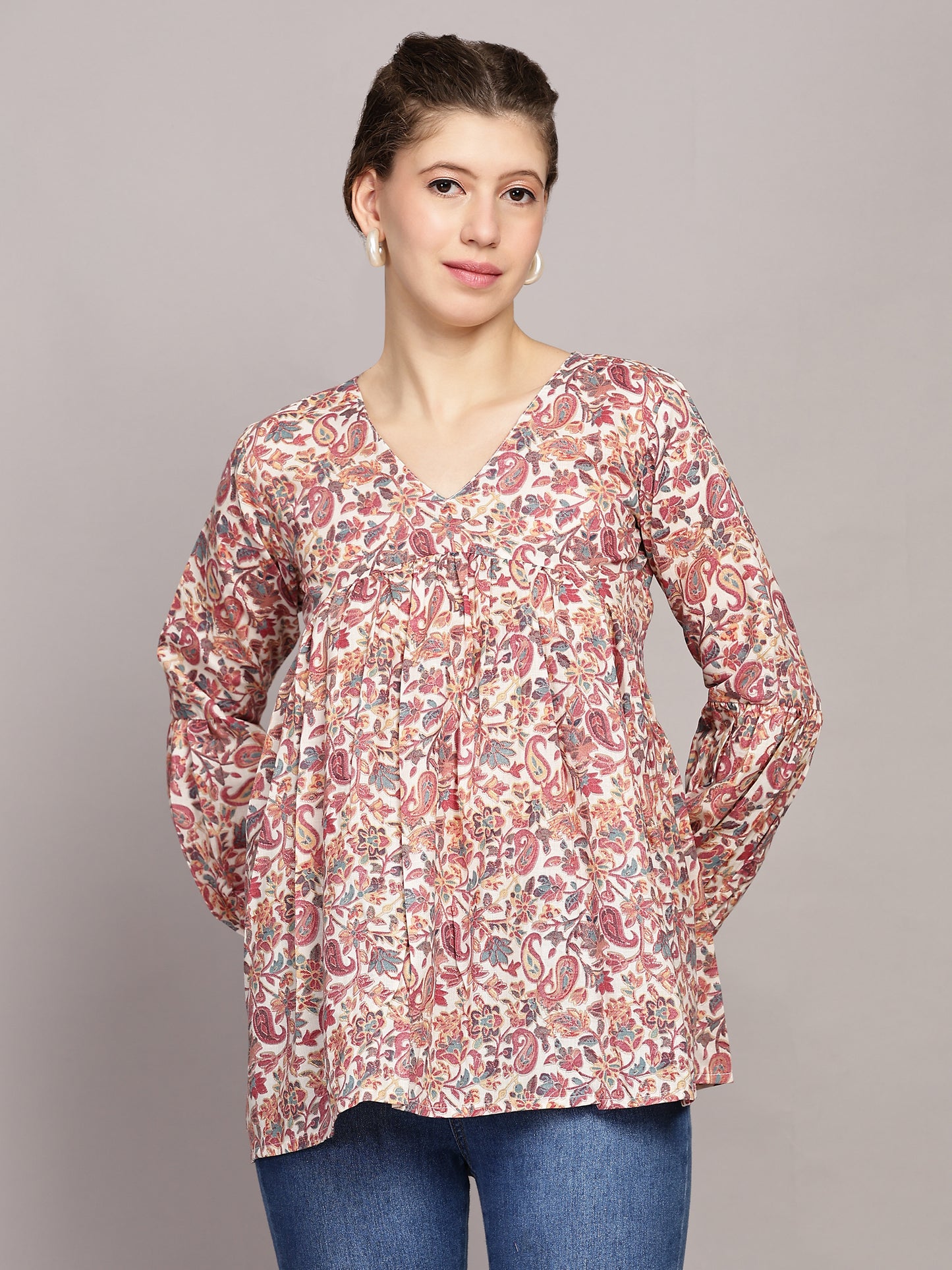 TrendRush Women V-Neck Pink Paisley Printed Top