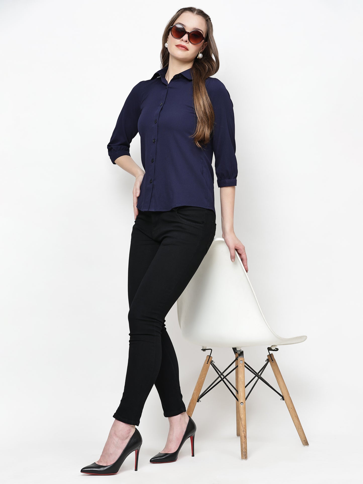 TrendRush Women Solid Blue Collared Shirt