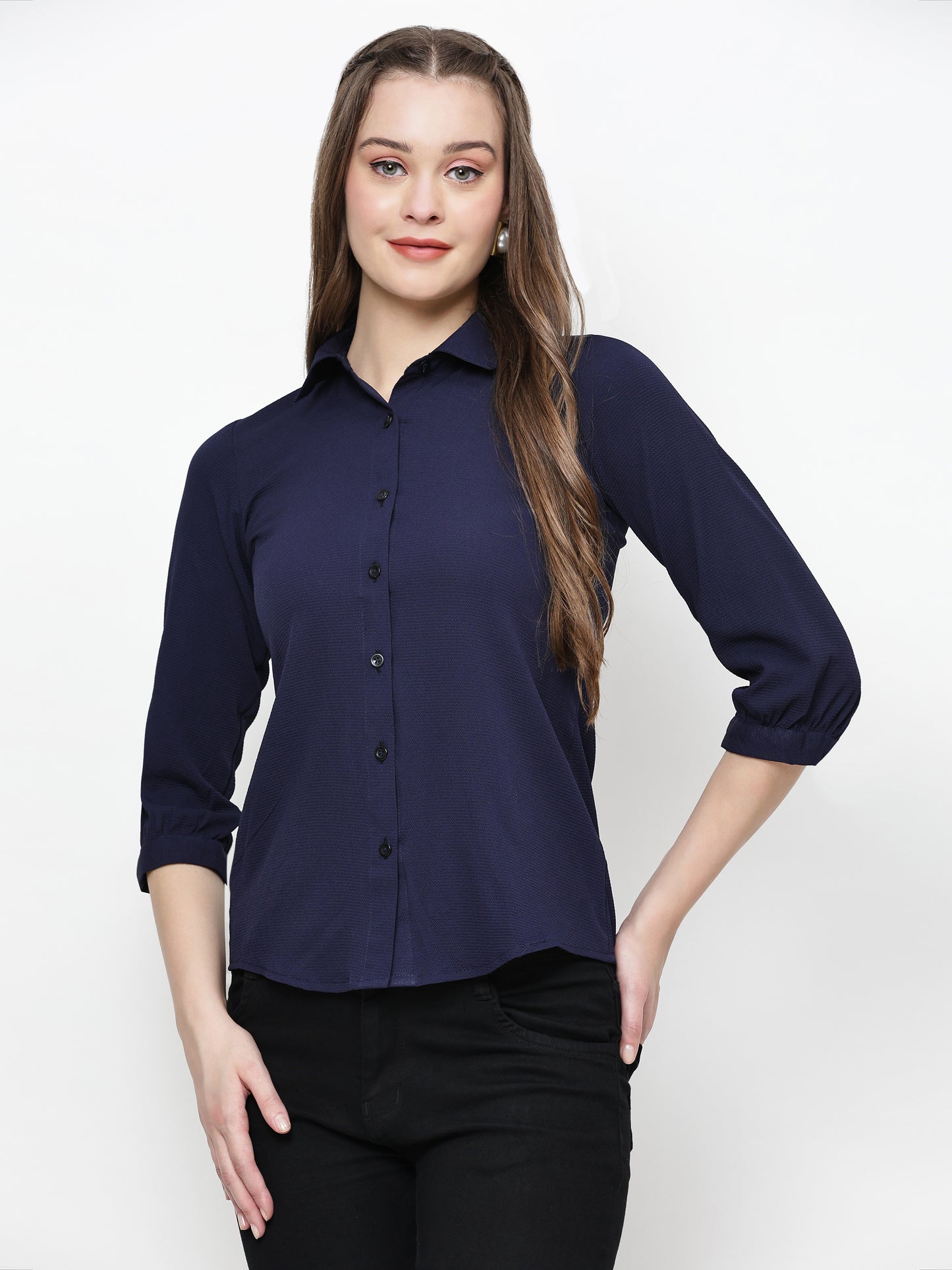 TrendRush Women Solid Blue Collared Shirt