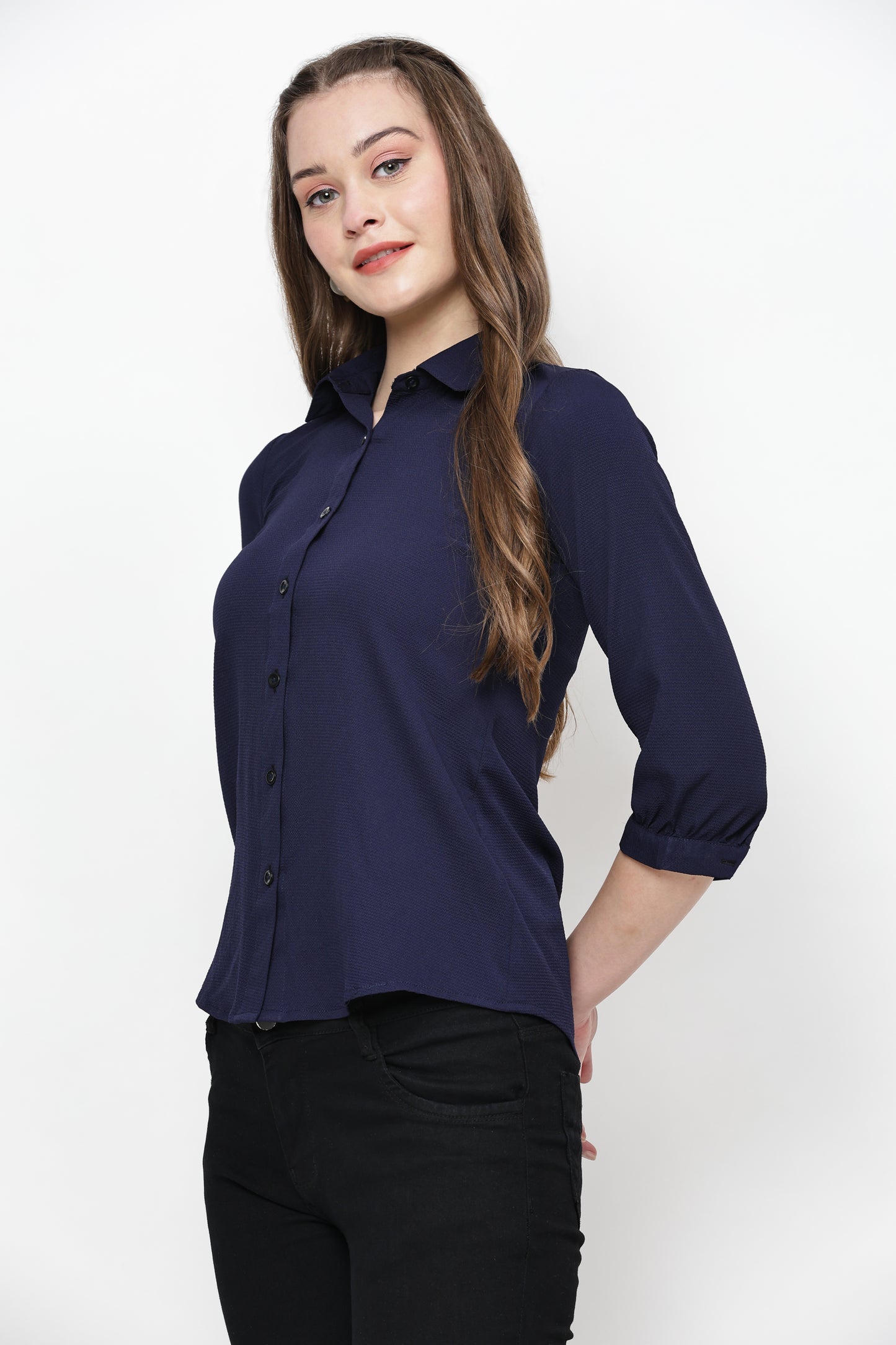 TrendRush Women Solid Blue Collared Shirt
