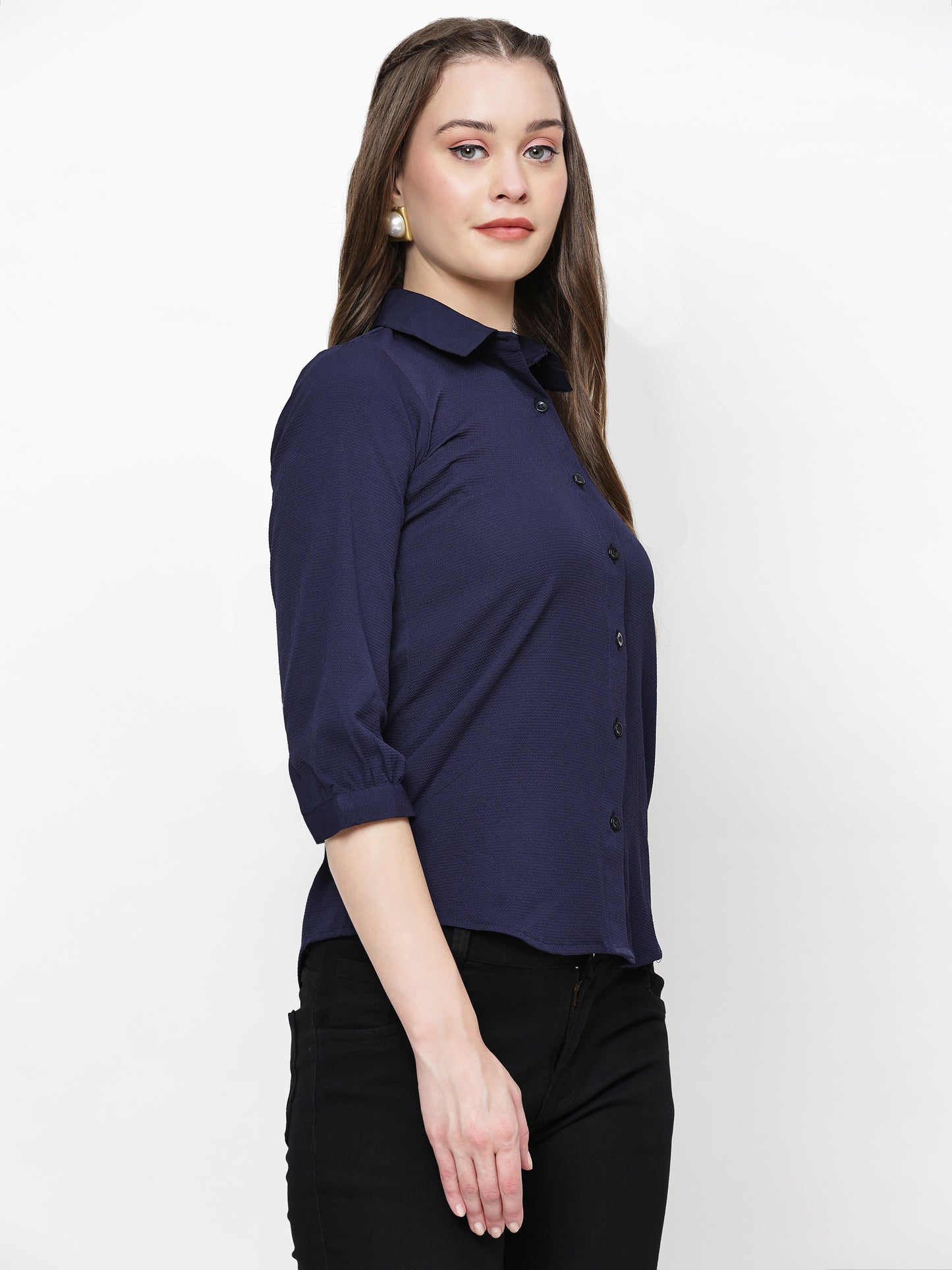 TrendRush Women Solid Blue Collared Shirt