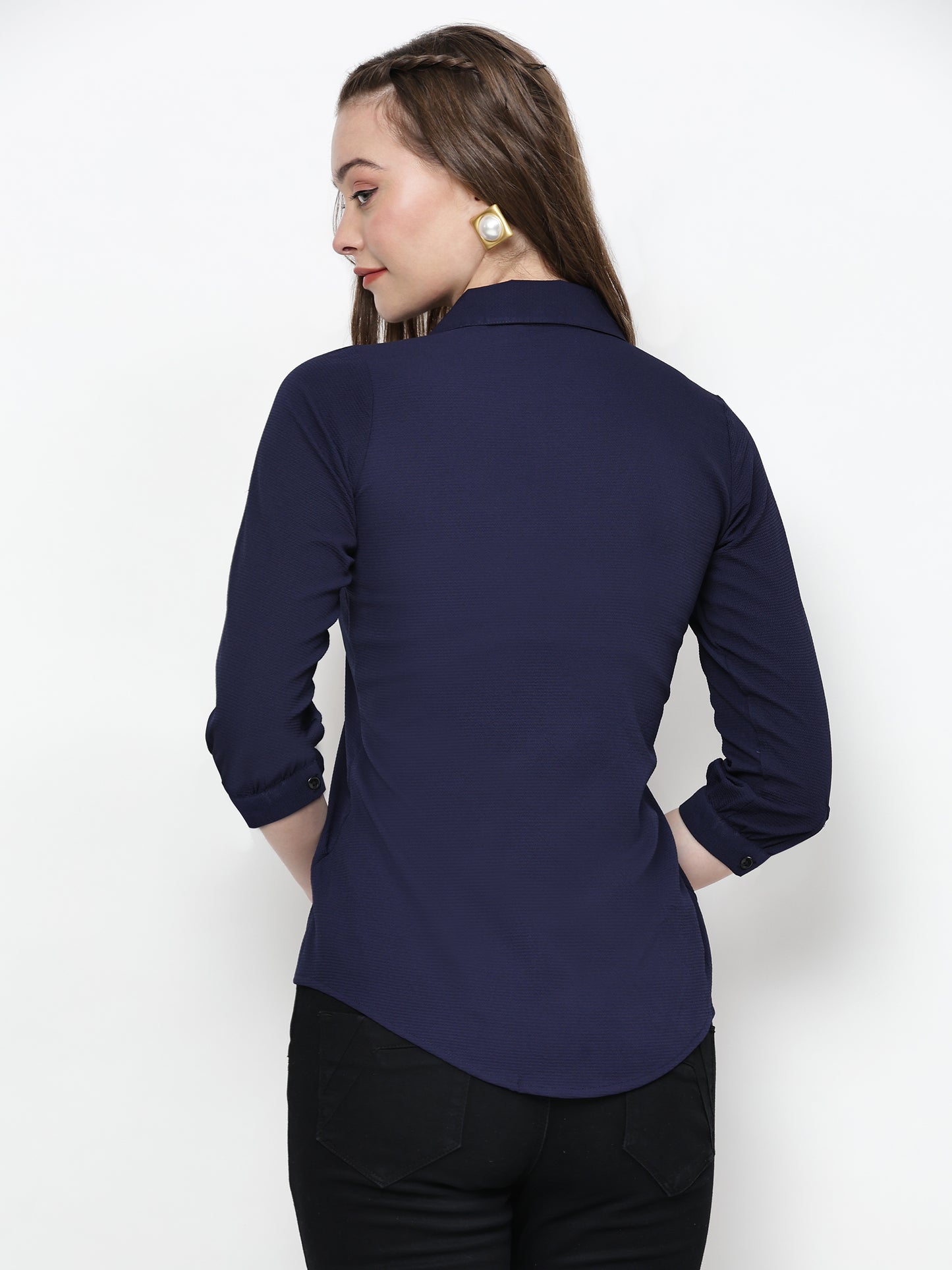 TrendRush Women Solid Blue Collared Shirt