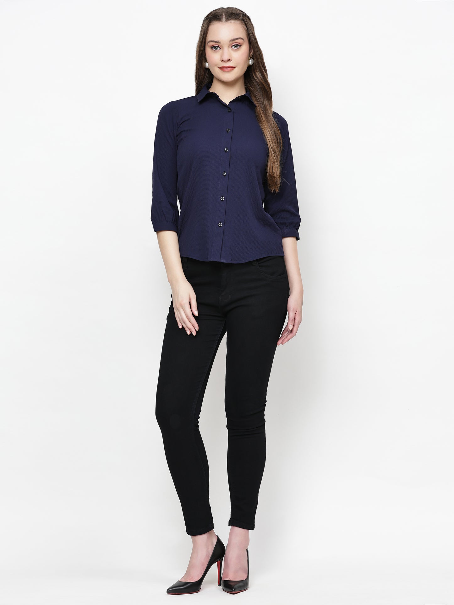 TrendRush Women Solid Blue Collared Shirt