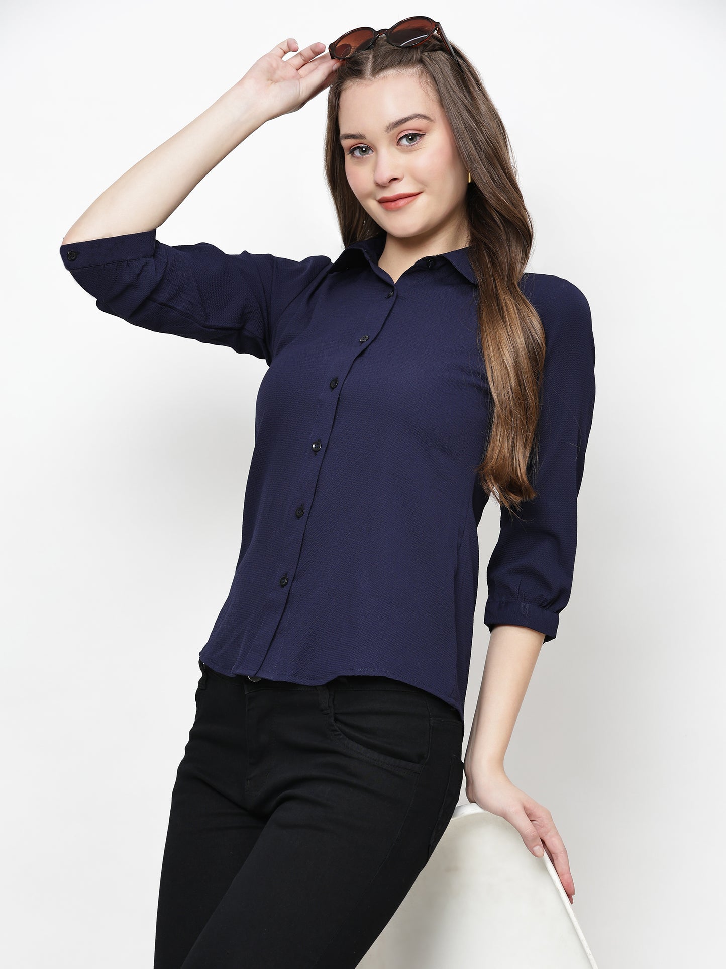 TrendRush Women Solid Blue Collared Shirt