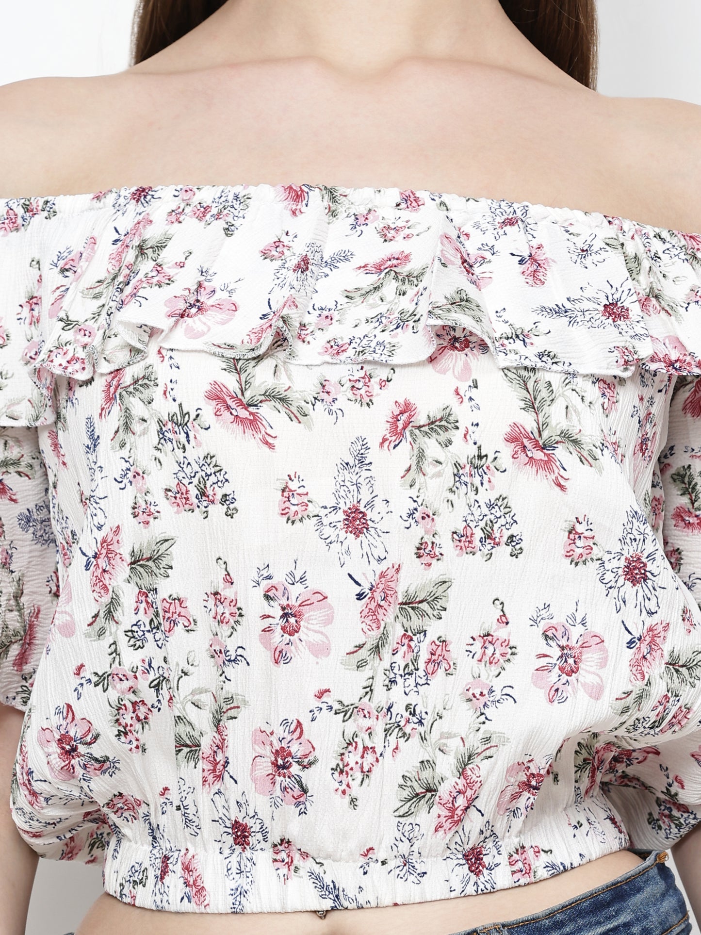 TrendRush Women White Floral Off-Shoulder Crop Top