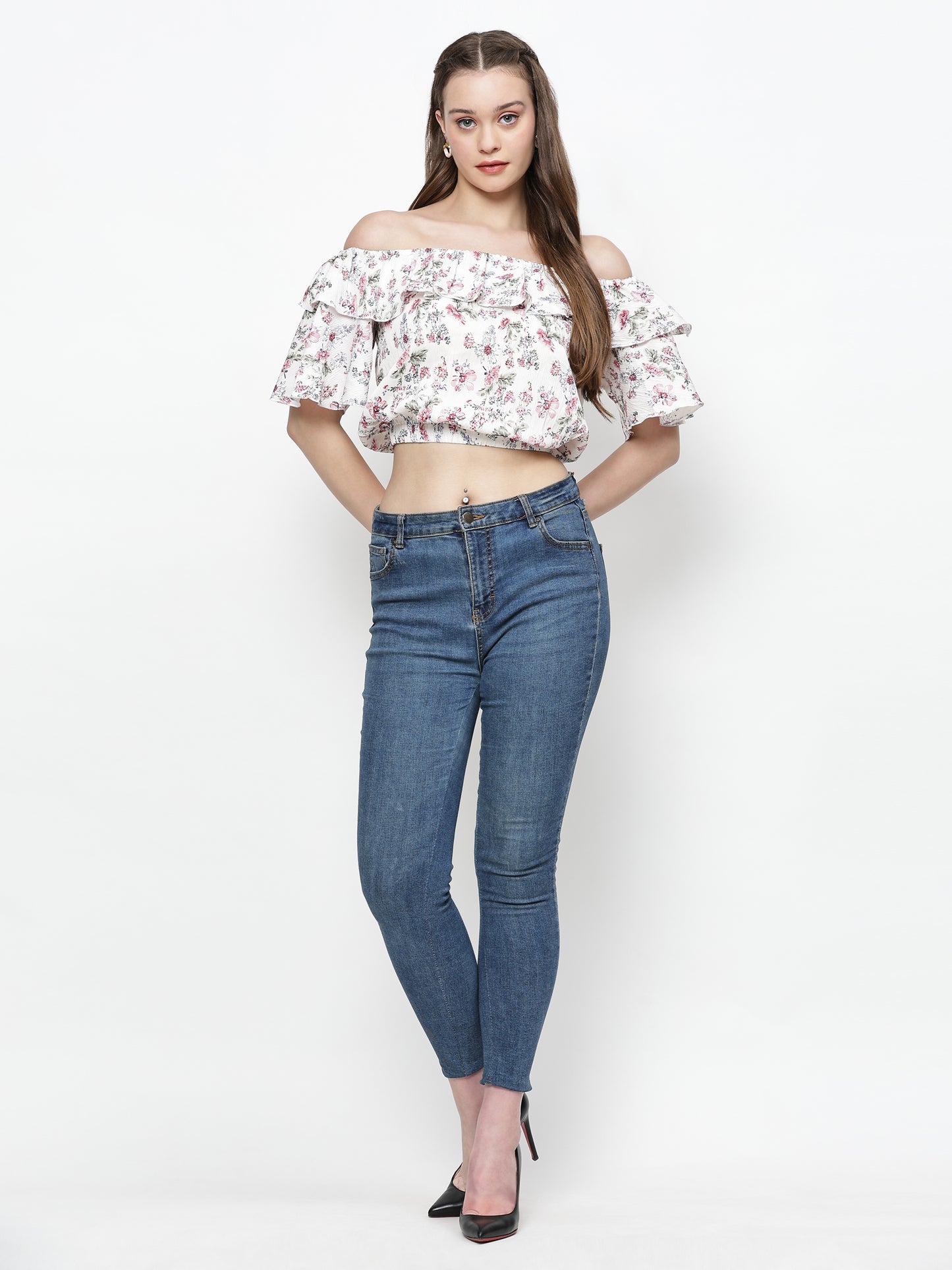 TrendRush Women White Floral Off-Shoulder Crop Top