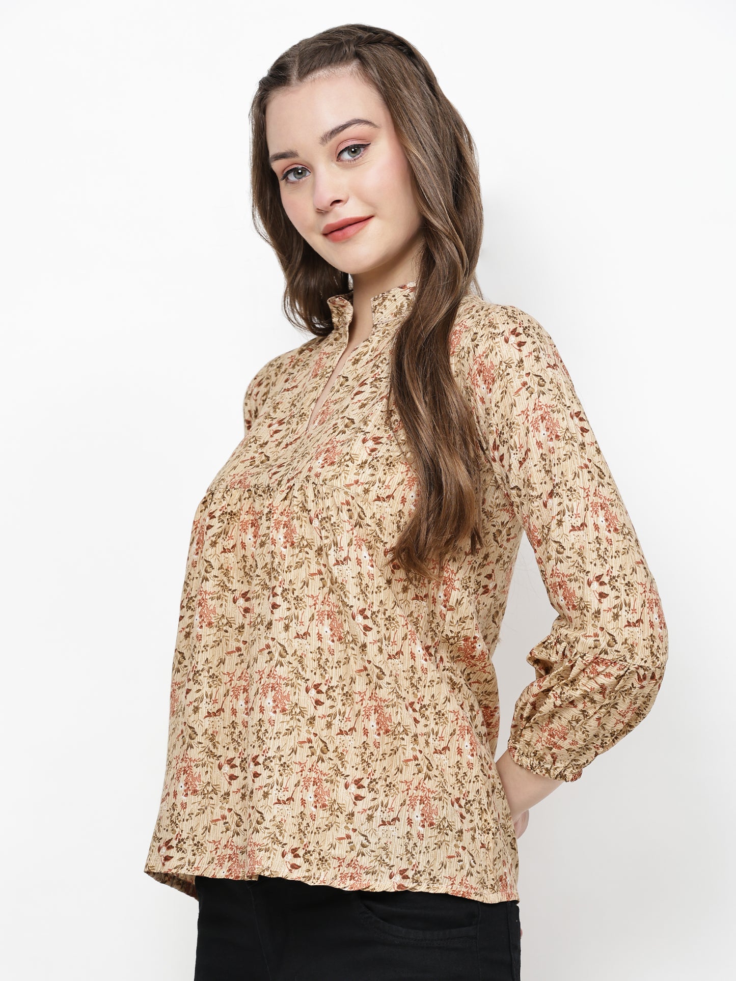 TrendRush Women Beige Floral Mandarin Collared Top