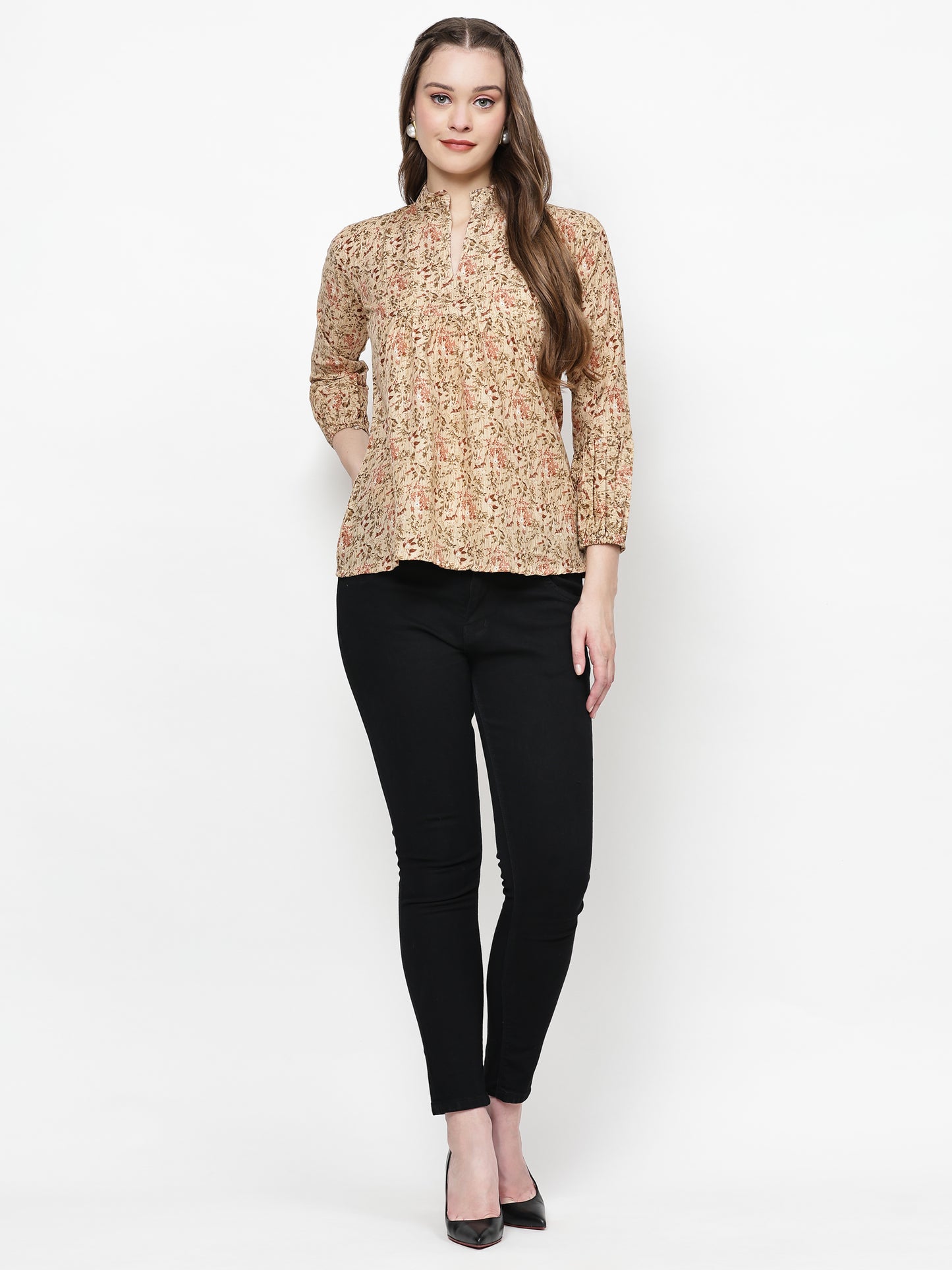 TrendRush Women Beige Floral Mandarin Collared Top