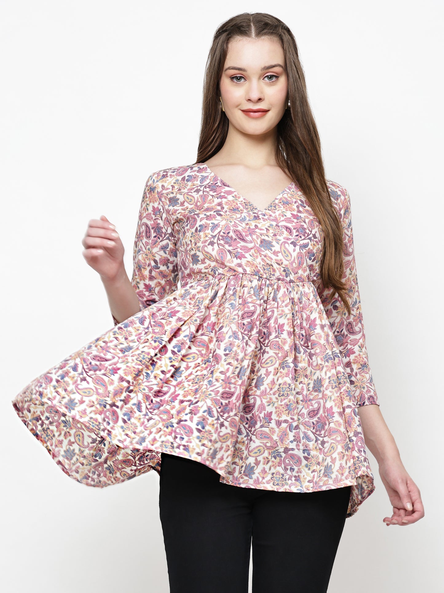 TrendRush Women Purple Paisley V-Neck Wrap Top