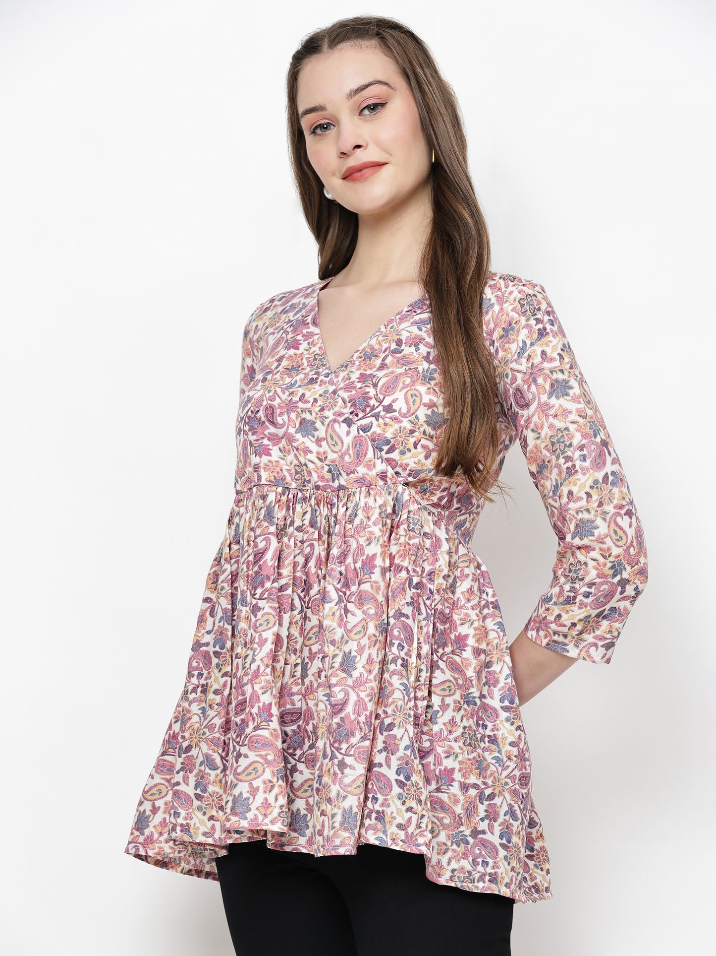 TrendRush Women Purple Paisley V-Neck Wrap Top