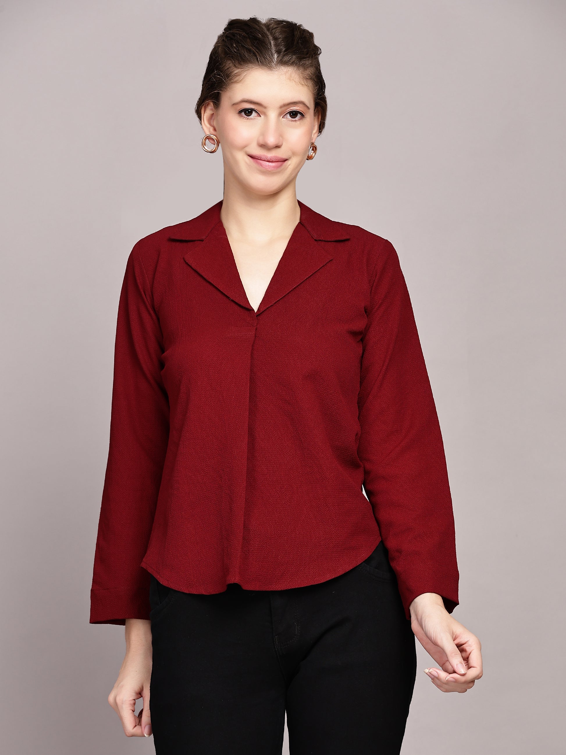 TrendRush Women Red Solid Shawl Collar Top