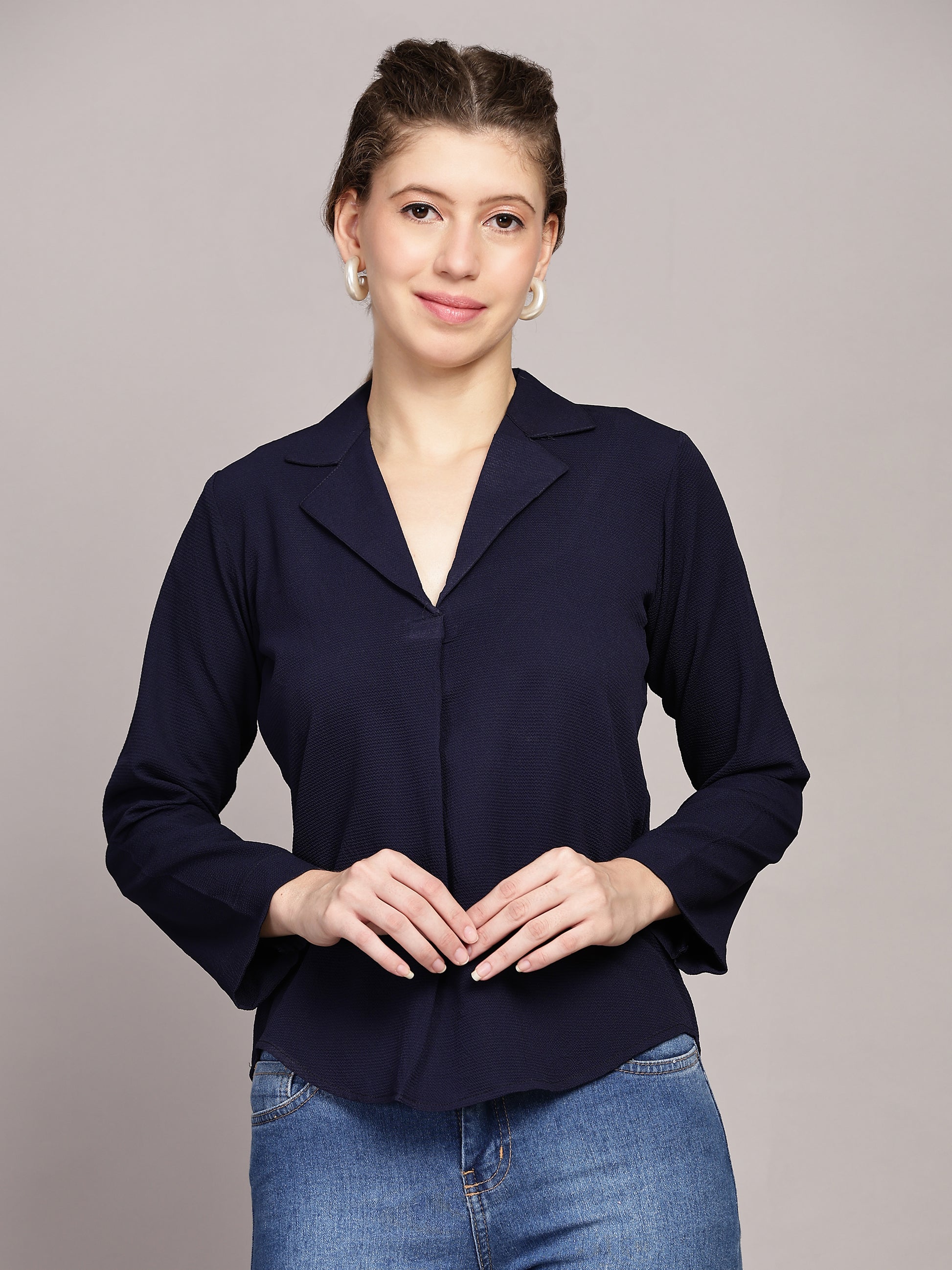 TrendRush Women Blue Solid Shawl Collar Top