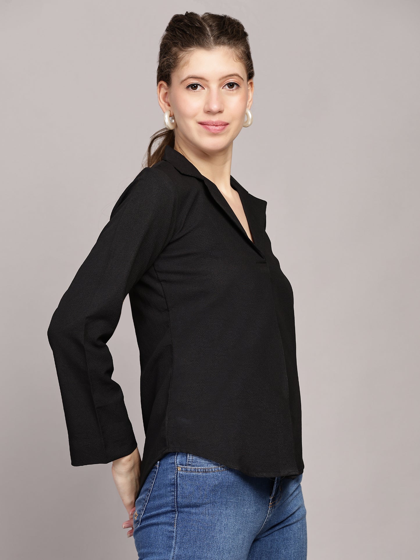 TrendRush Women Black Solid Shawl Collar Top