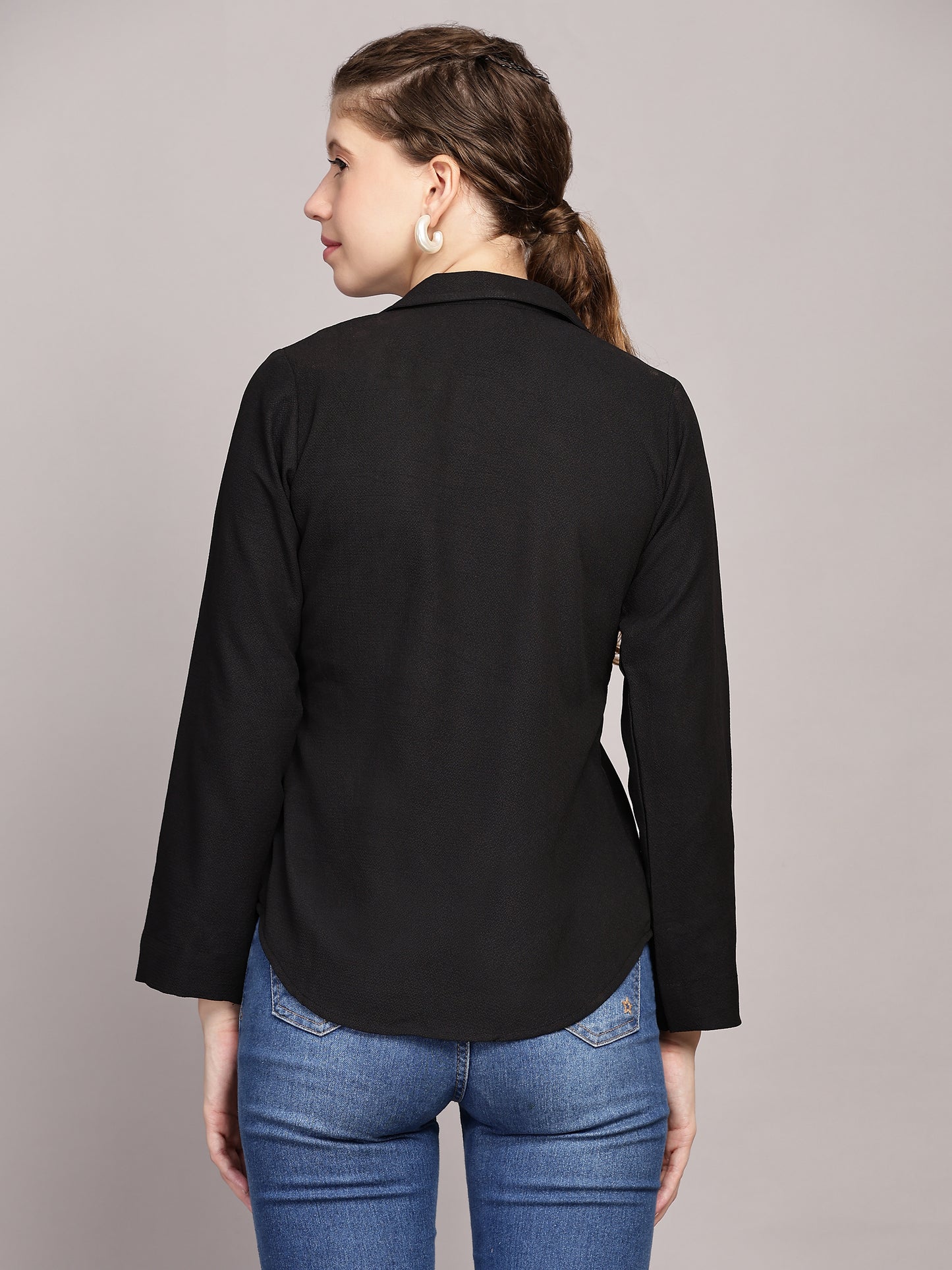 TrendRush Women Black Solid Shawl Collar Top