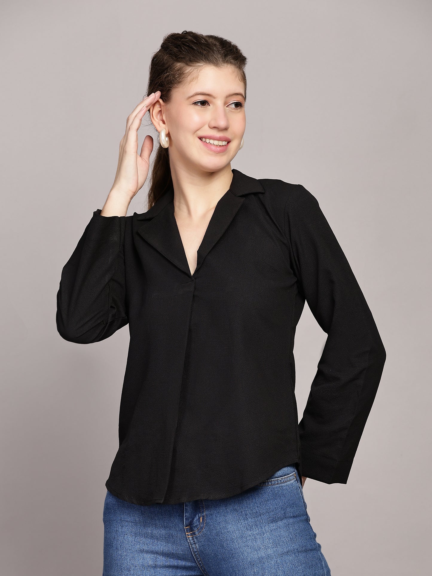 TrendRush Women Black Solid Shawl Collar Top