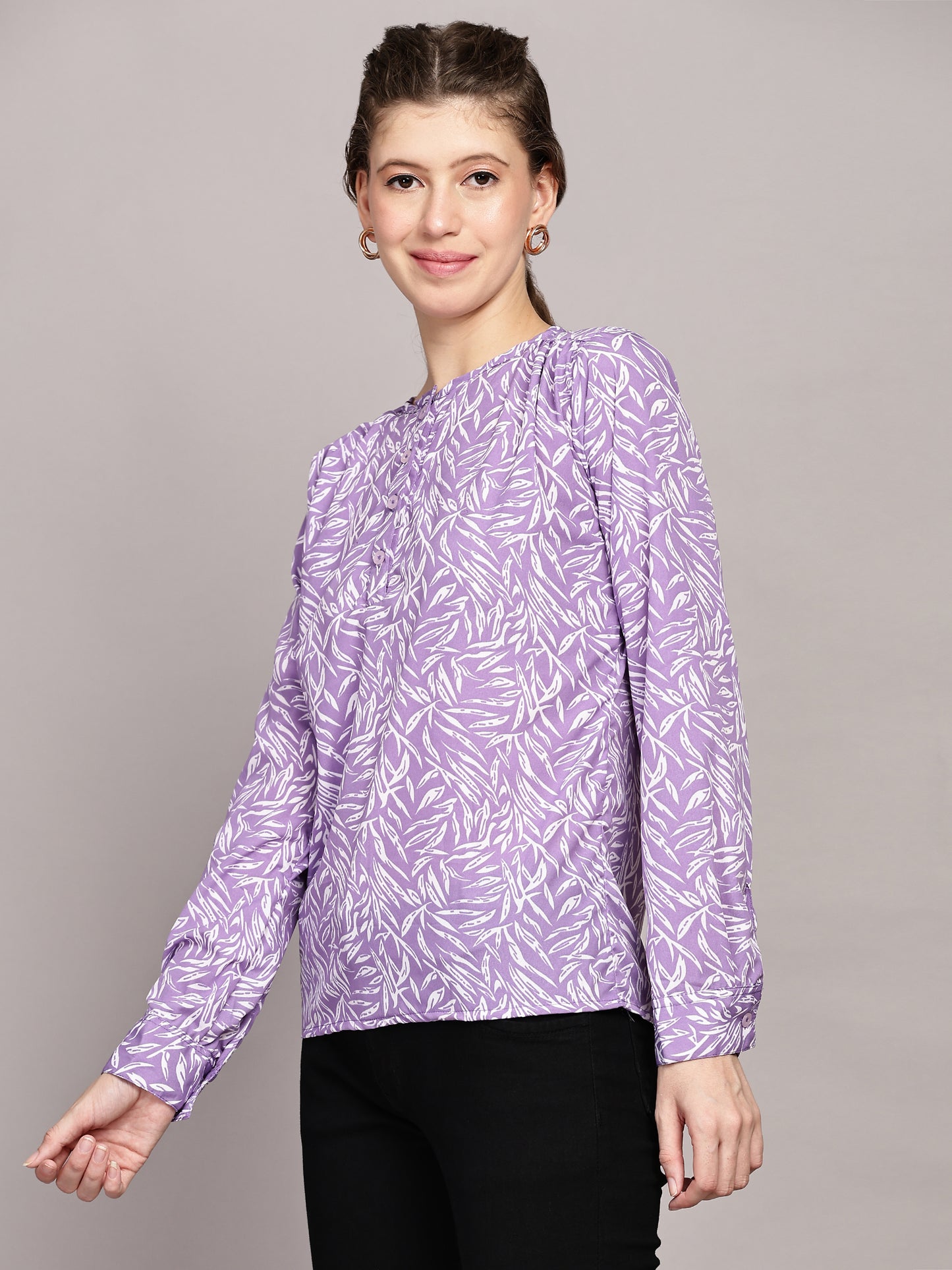 TrendRush Women Floral Printed Purple Casual Top