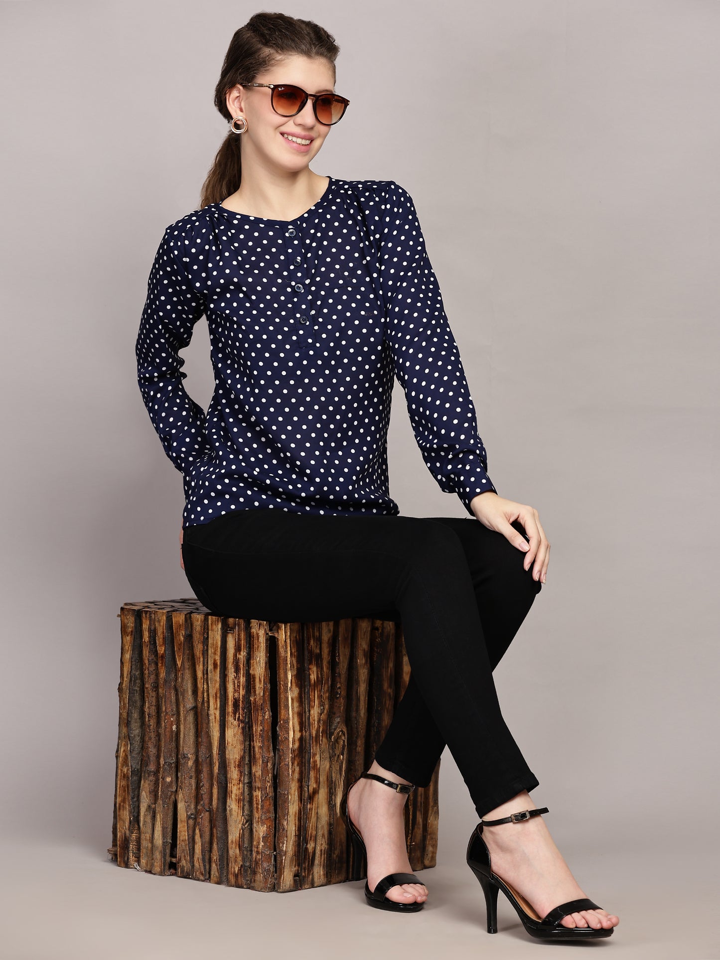 TrendRush Women Polka Printed Blue Casual Top