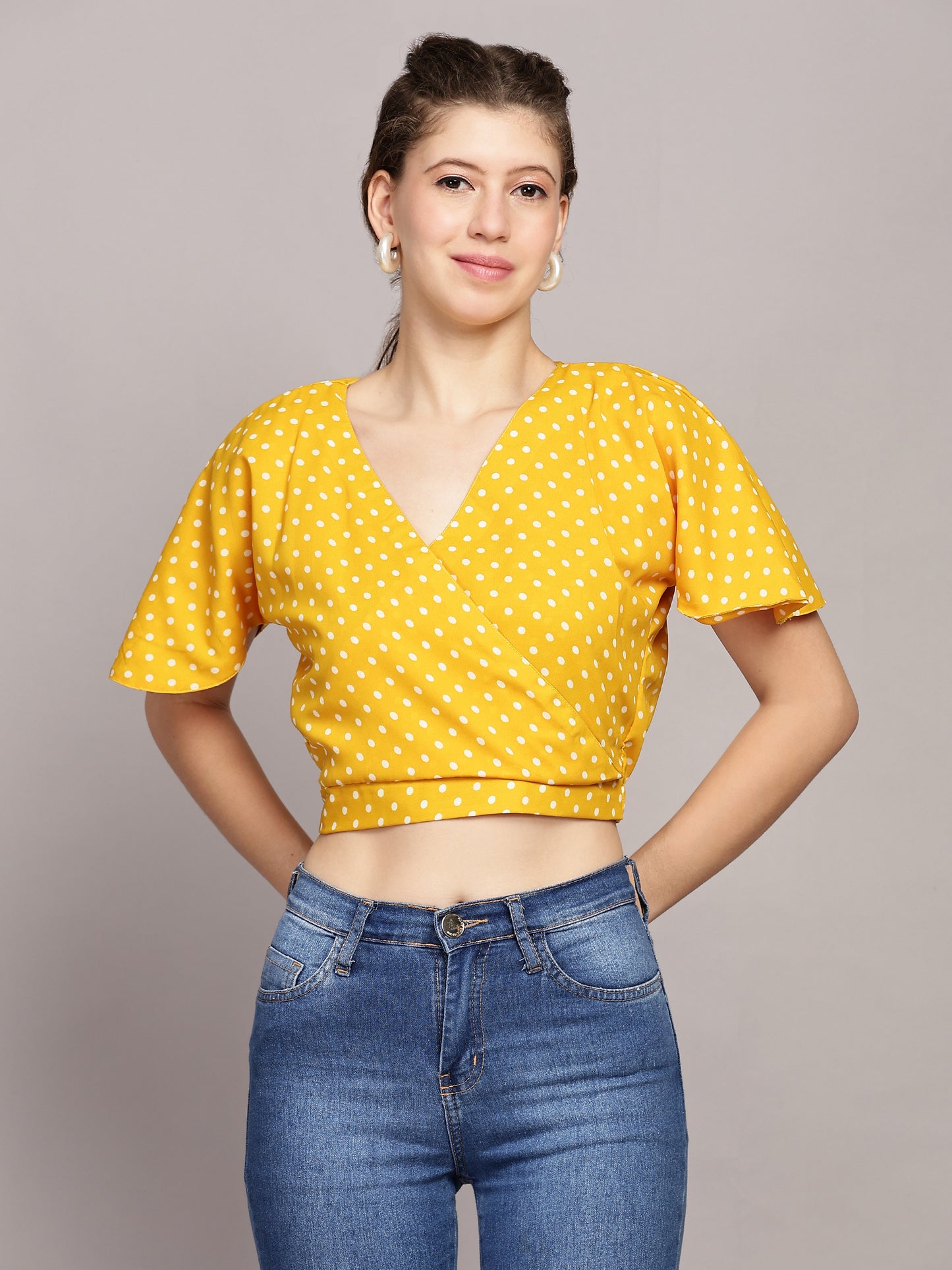 TrendRush Women Yellow Polka Print V-Neck Wrap Crop Top