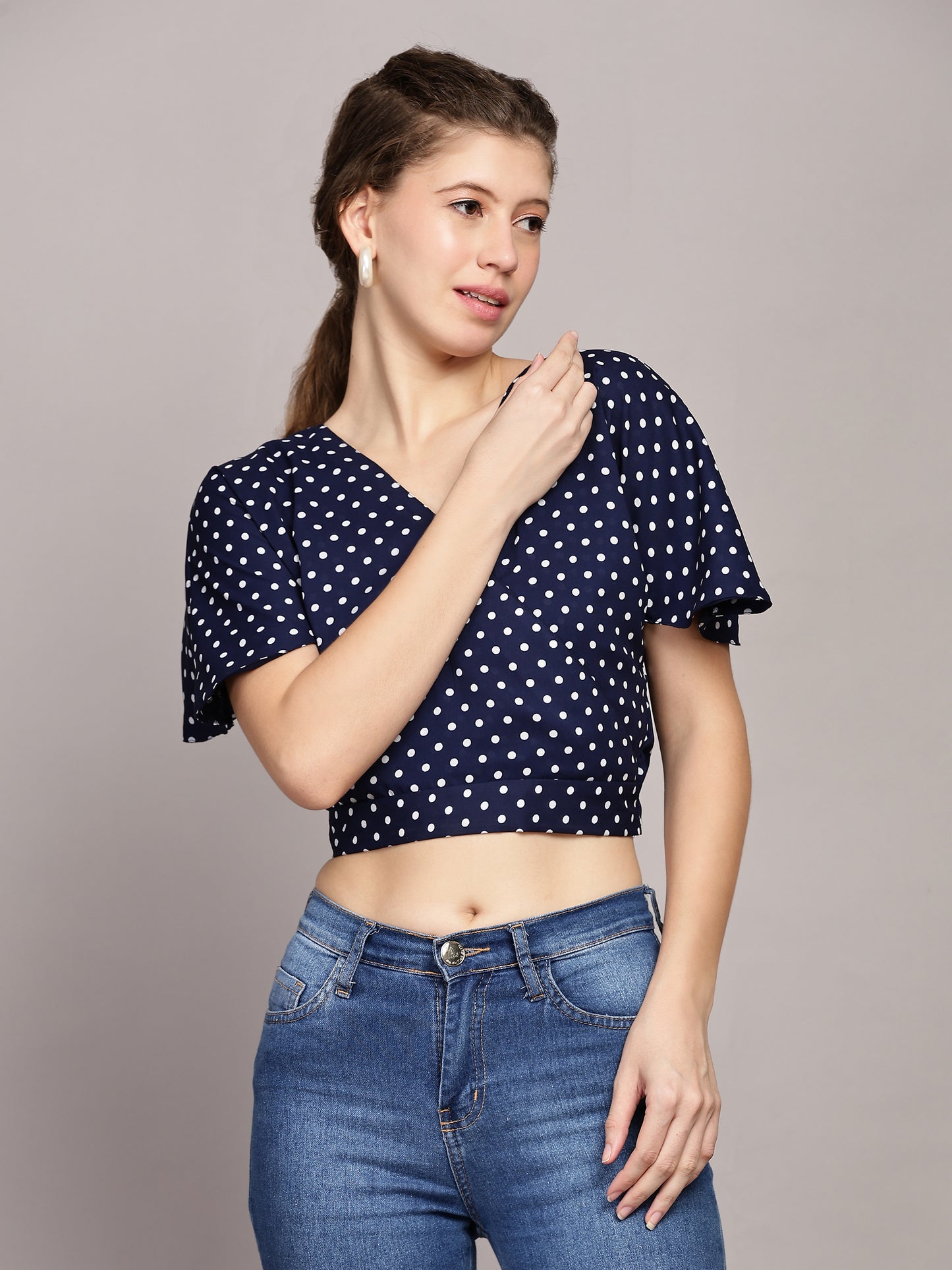 TrendRush Women Blue Polka Print V-Neck Wrap Crop Top