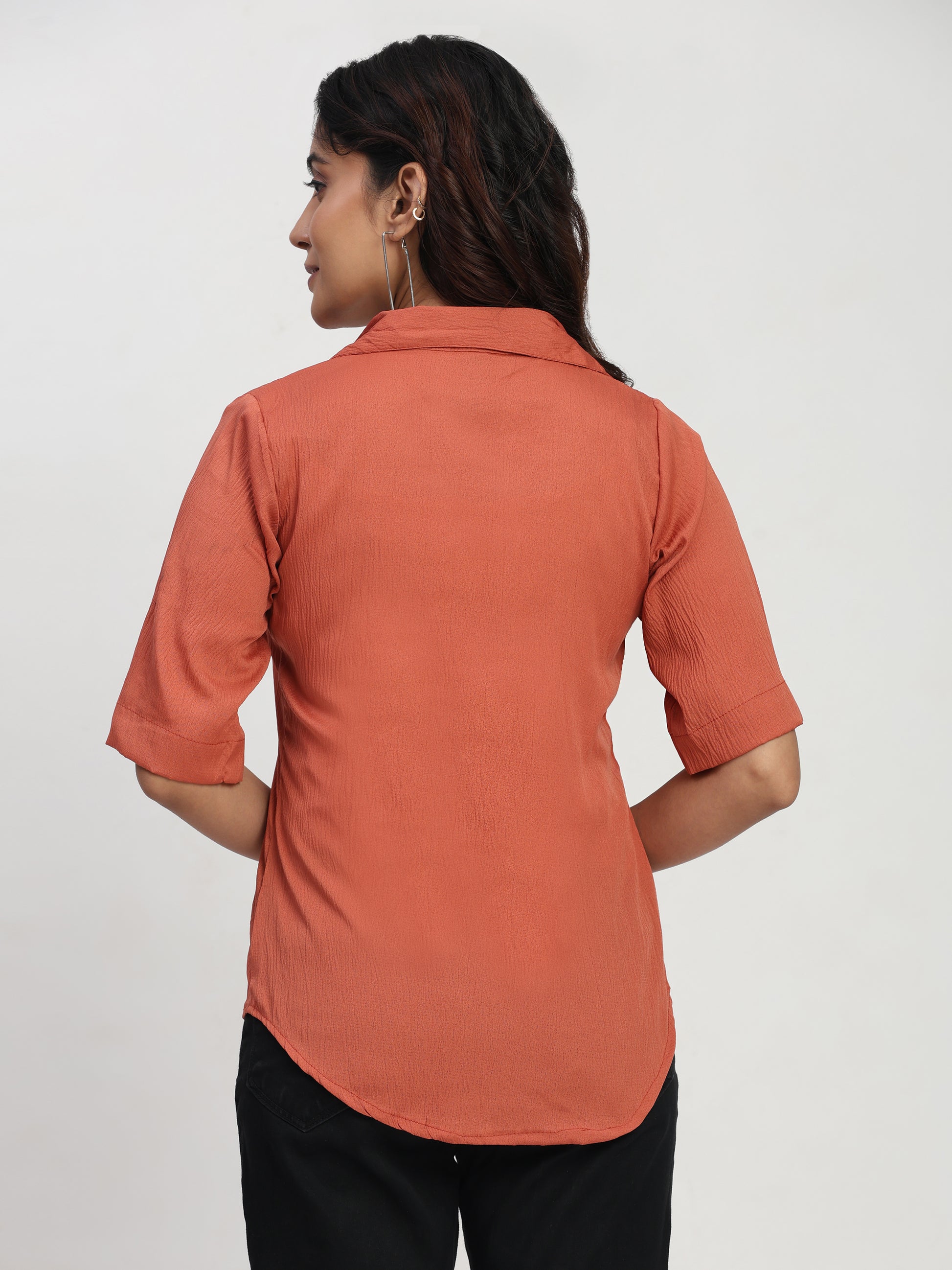 TrendRush Women Orange V-Neck Short Sleeve Smart Casual Solid Top