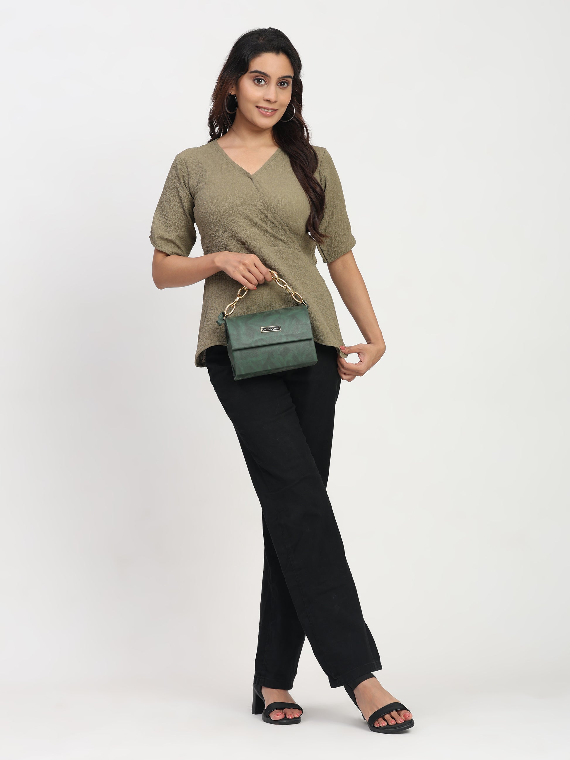 TrendRush Women Khakhi Green V-Neck Wrap Trendy Short Sleeve Top