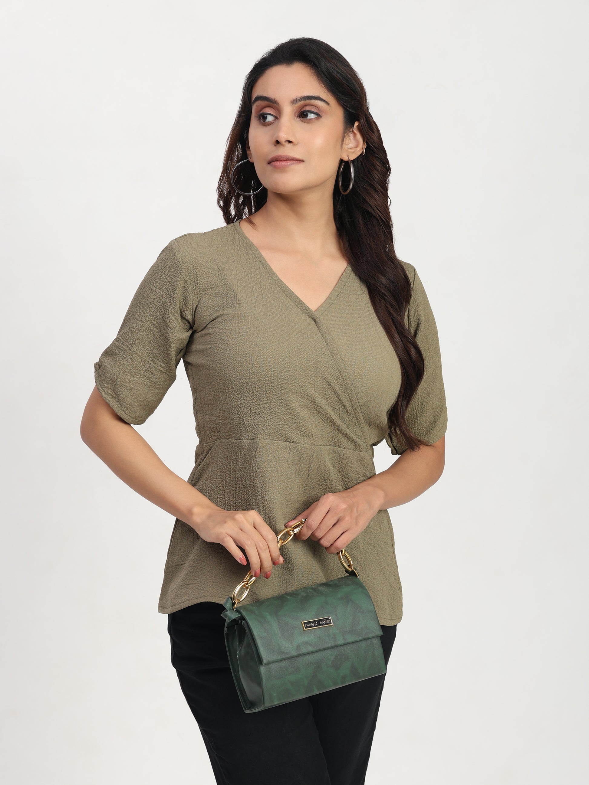 TrendRush Women Khakhi Green V-Neck Wrap Trendy Short Sleeve Top